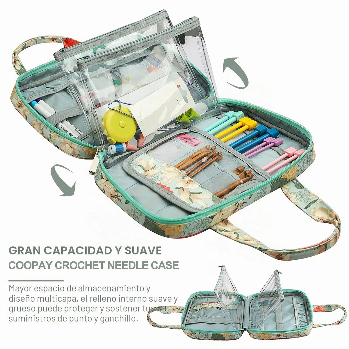 Coopay Organizador de Tejer y Ganchillo, Bolsa de Herramientas de Ganchillo, Bolso de Mano con Bolsillos de con Cremallera, para Agujas Circulares intercambiables,Ganchillo y Otro Accesorios