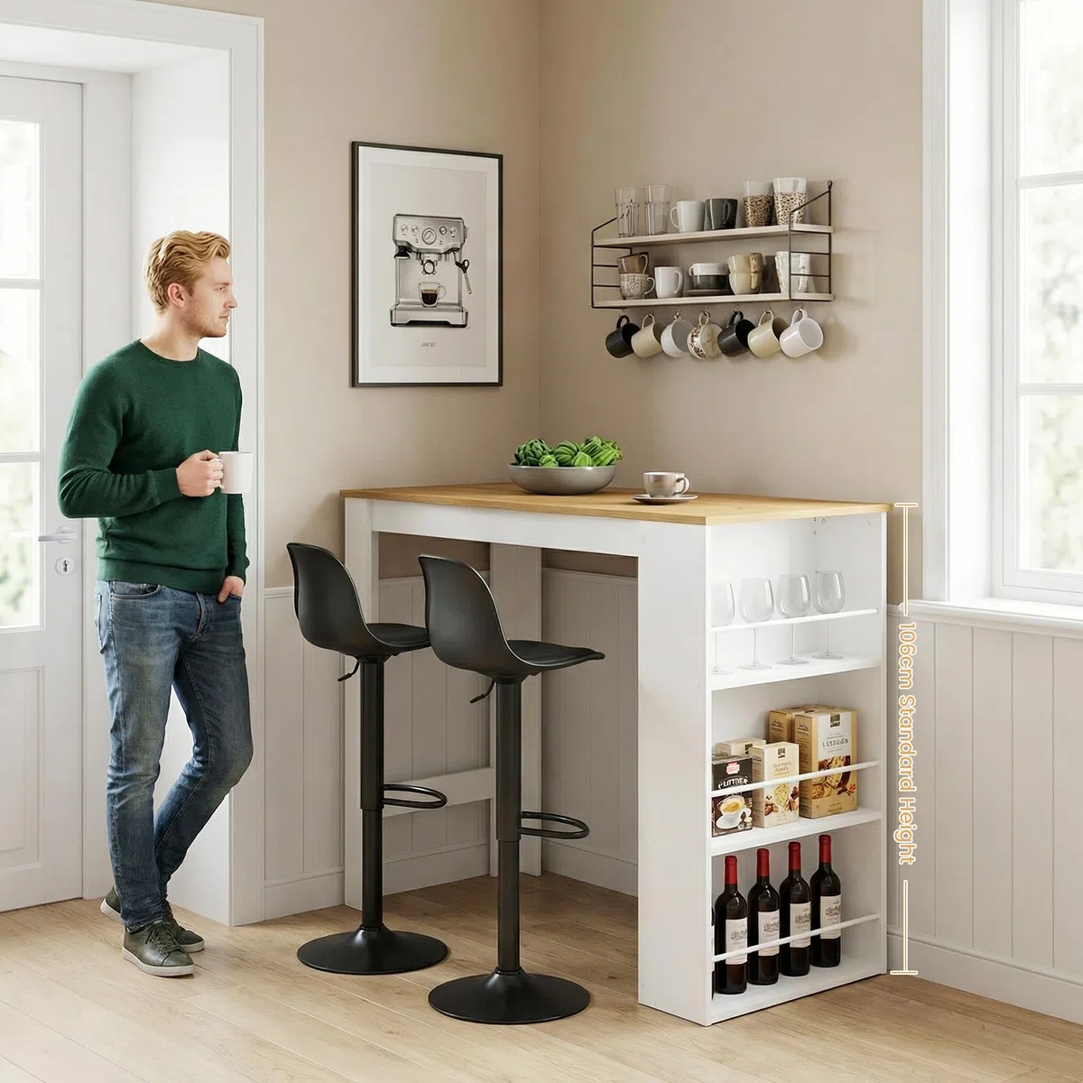 buybyroom Mesa de Bar con Espacio de Almacenamiento, Mesa de Bar de Cocina, Barra de Bar para Cocina, salón, Comedor, 112×57×106 cm, Blanco + Roble Claro