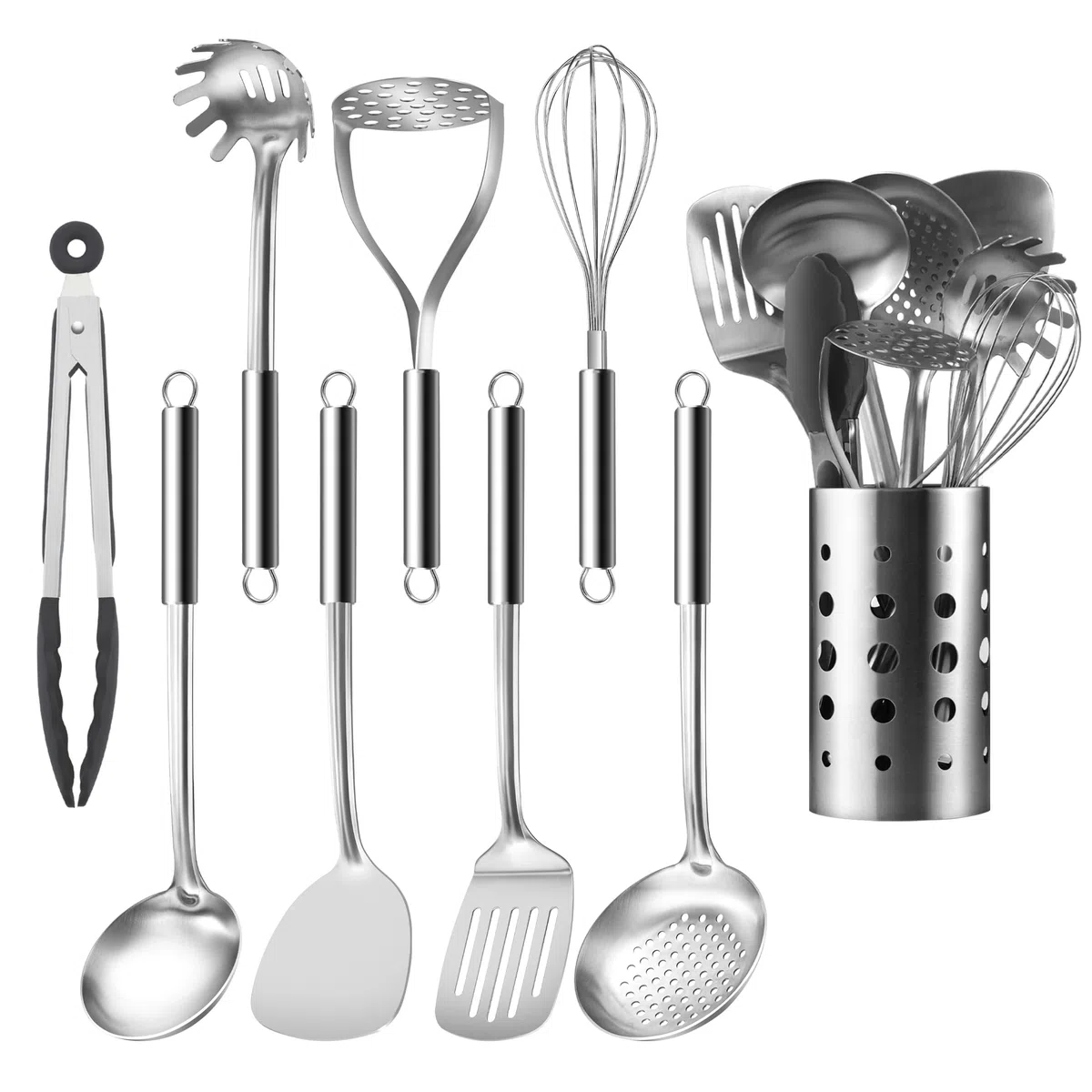 Pleafind Utensilios de cocina acero inoxidable, 9 piezas, con Cucharones de cocina, Espumadera, Espátula, Espátula ranurada, Varillas Cocina, Cuchara para Pasta, Machacador de Patatas, Pinzas Cocina
