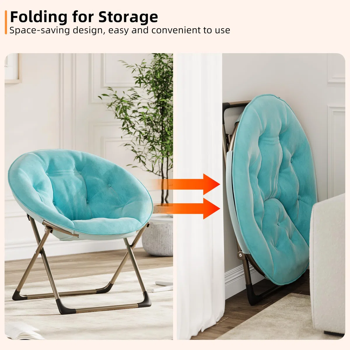 GarveeHome Silla Plegable Felpa Floral Sillón Luna - Metal 136 kg Azul | Felpa floral cómoda y estructura metal triangular. Para adultos y niños en dormitorio. Sin montaje necesario y resistente.
