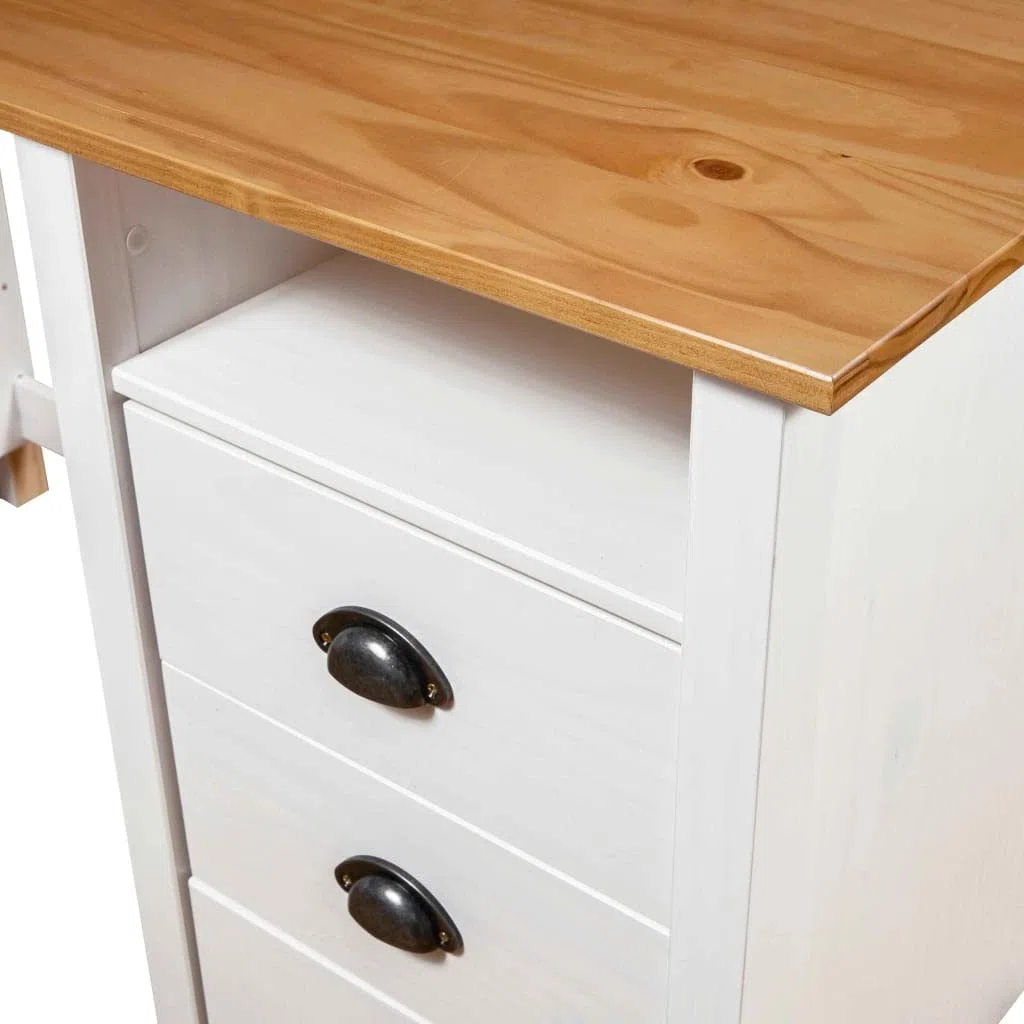 Escritorio Hill de madera maciza de pino con 3 cajones, 120 x 50 x 74 cm, estante y asas para vasos, ideal para oficina, oficina, habitación infantil y trabajo ergonómico