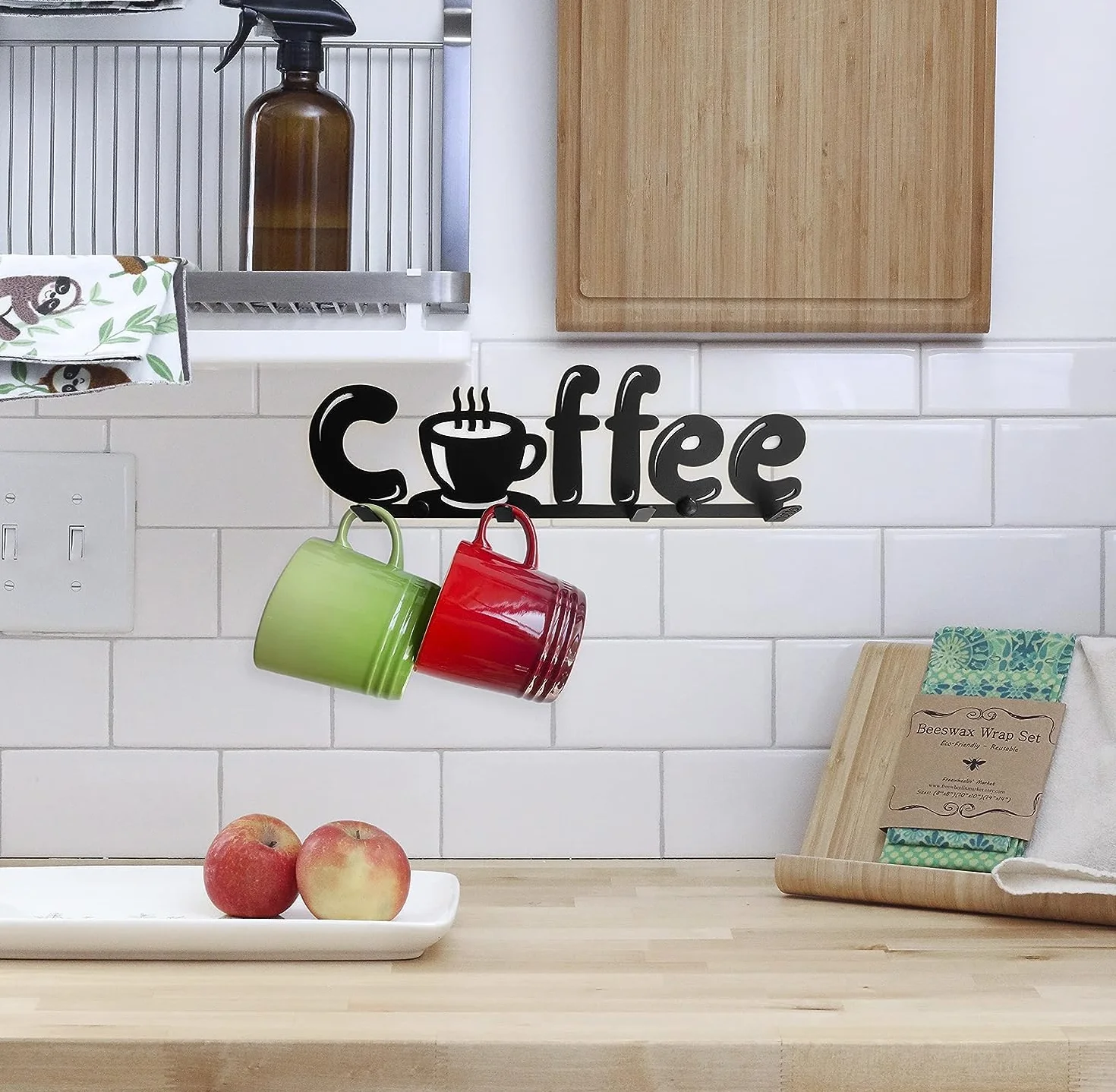 Soporte para Tazas de Café de Pared. Colgador Estante de Metal con Decoración de Cocina Coffee. (1, Negro)