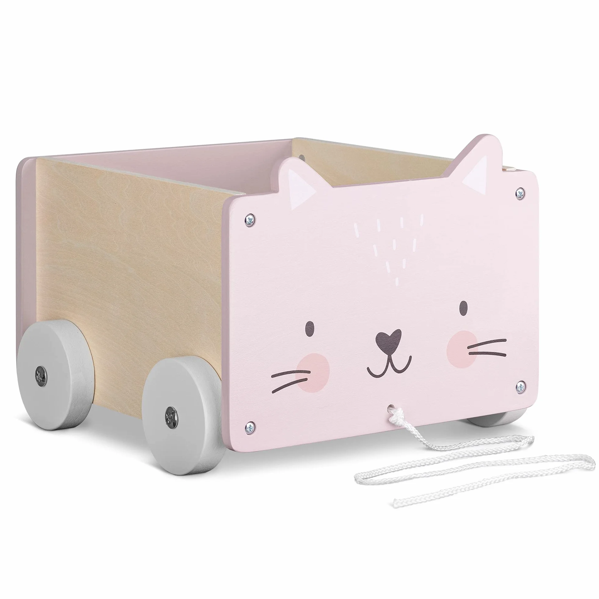 Navaris Caja de almacenamiento de juguetes - Baúl de madera para almacenaje en habitación de los niños - Cubo con ruedas y diseño de gato - Unisex
