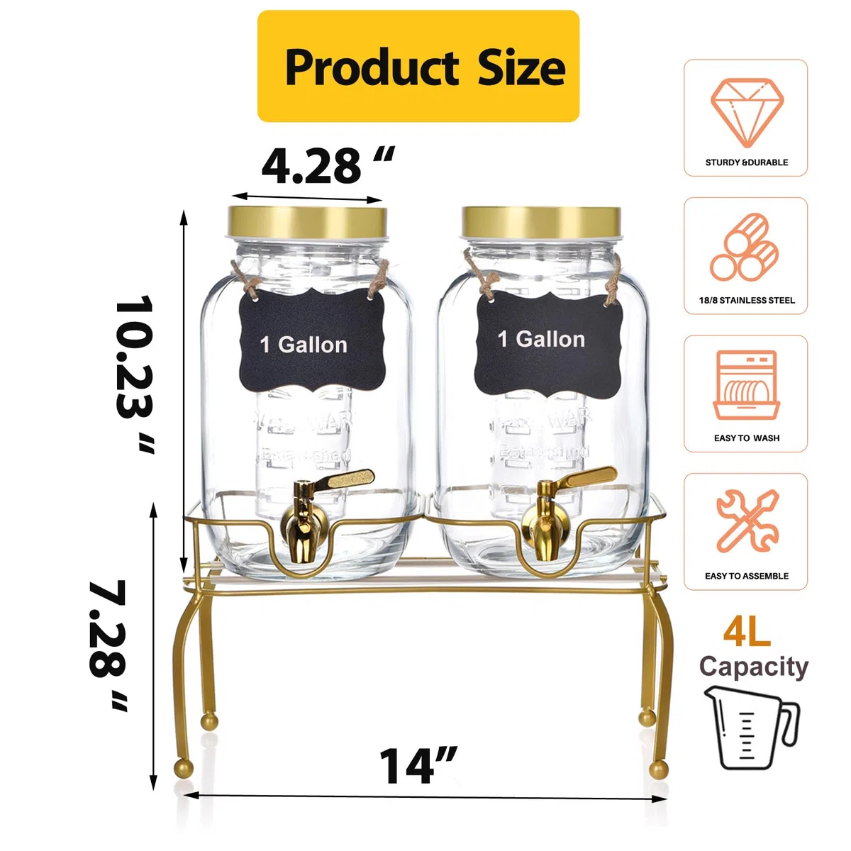 Juego de 2 dispensadores de bebidas de vidrio de 1 galón, dispensadores de bebidas para fiestas, dispensador de bebidas con soporte y espiga 100% a prueba de fugas, ideal para limonada, jugo