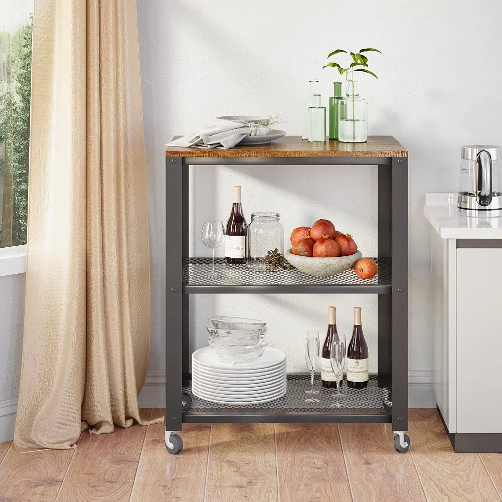 Meerveil Carrito de Servicio,Carrito de 3 Pisos Carrito,Tipo Industrial Estantería Metálica con Ruedas,Organizador de Almacenamiento,Fácil de Montar,para Cocina,Sala de Estar, Oficina y Baño