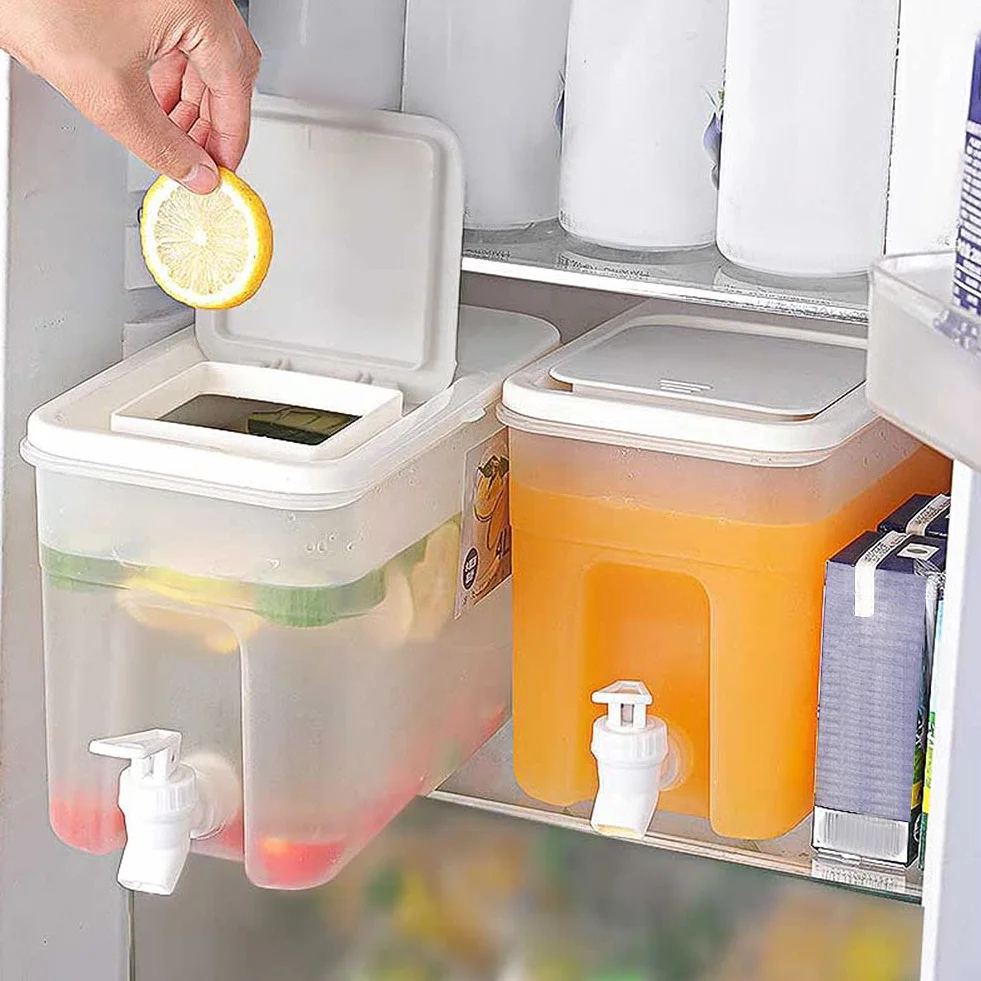 Dispensador de bebidas de 4 L con grifo, dispensador de agua para frigorífico con grifo, dispensador de bebidas de gran capacidad, plástico recargable, cubo de agua helada con tapa para bebidas frías