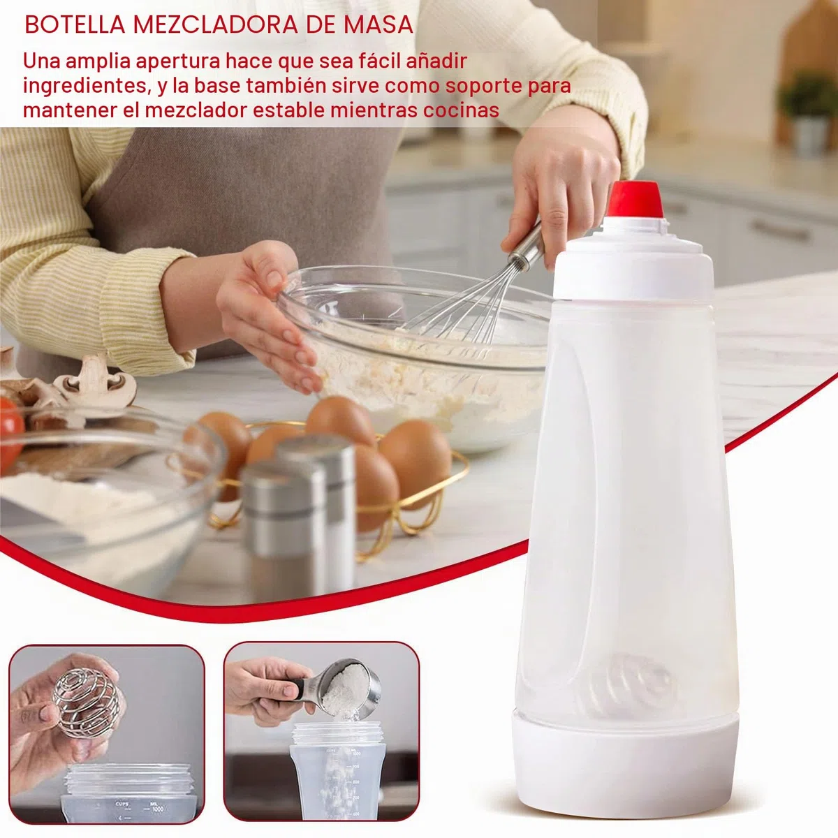 Dispensador de masa para panqueques, dispensador manual de masa de 2 piezas, botella mezcladora de masa, mezclador de masa con batidor de alambre para masa de cupcake, panqueque y crepe