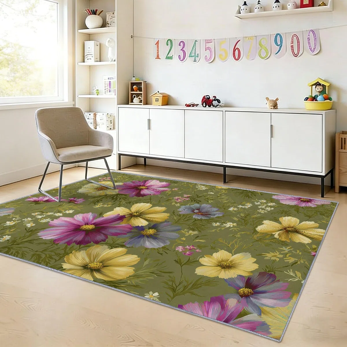 Alfombra de área de 180 x 240 cm, diseño de margaritas Cosmos con flores silvestres, lavable, antideslizante, alfombra antideslizante para dormitorio, sala de estar, alfombra de suelo de pelo corto