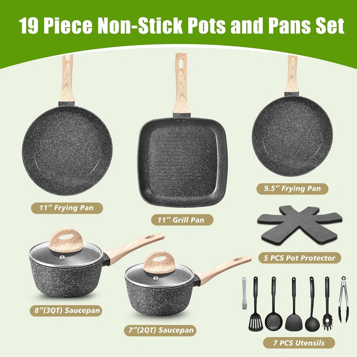 Batería de Cocina Antiadherente de 19 Piezas, Juego de Ollas y Sartenes de Inducción en Granito Negro, No Tóxico, Apta para Todas las Cocinas, Sin PFOA, PTFE, PFAS ni PFOS