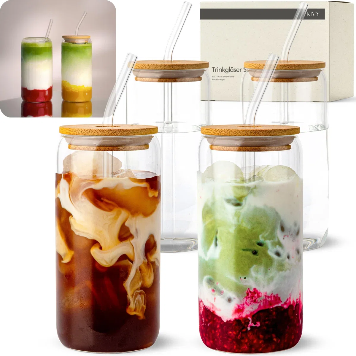 KIVY Set de Vasos de Cristal con Pajita y Tapa de Bambú [4x 450ml] - Vasos de Agua, Café & Matcha - Set de Vasos Longdrink - Vaso Café - Vasos Altos para Cóctel - Sin BPA