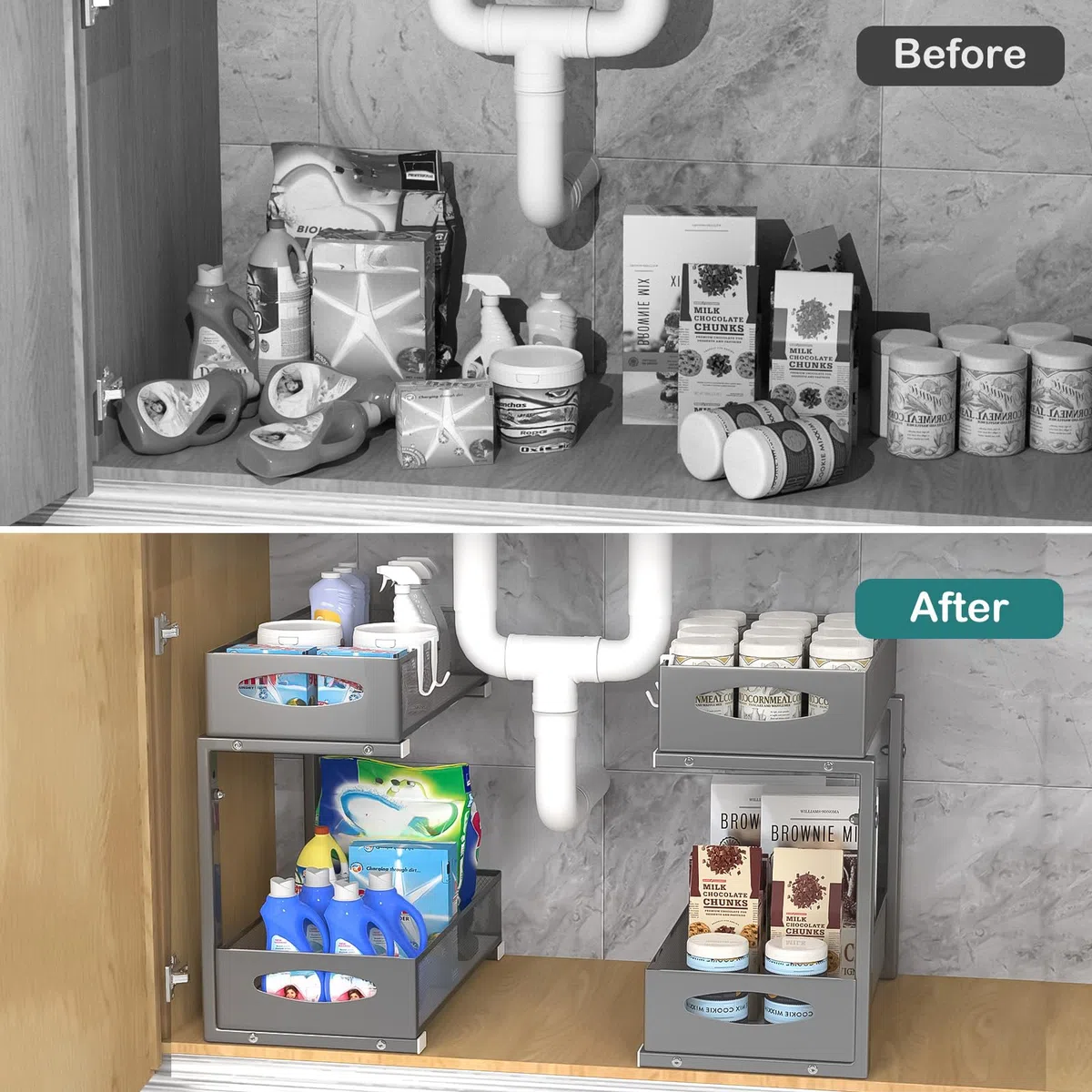 Housolution Organizador Bajo Fregadero de Metal, 2 Niveles Estanteria Bajo Fregadero Extraible con Altura Ajustable, Estante de Almacenamiento Bajo Fregadero para Cocina, 1 Pieza, Gris