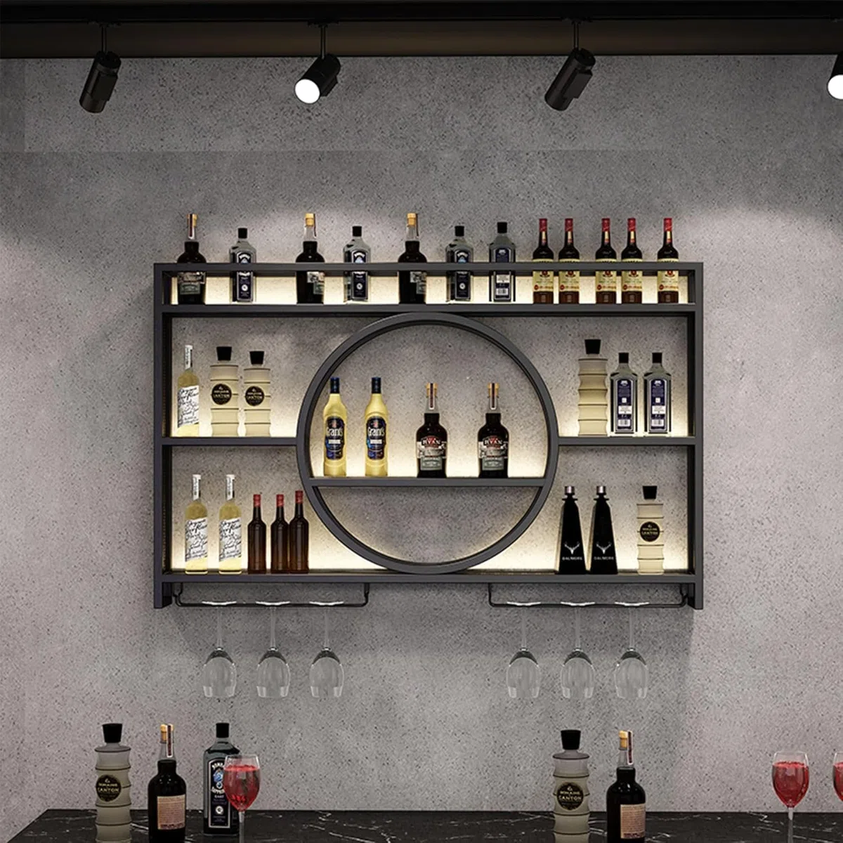 Estantería industrial para vino montada en la pared, soporte flotante para exhibición de vino con LED y rayas de sombreado, estantería multifuncional para el hogar, restaurante, bares (Black, 120CM)