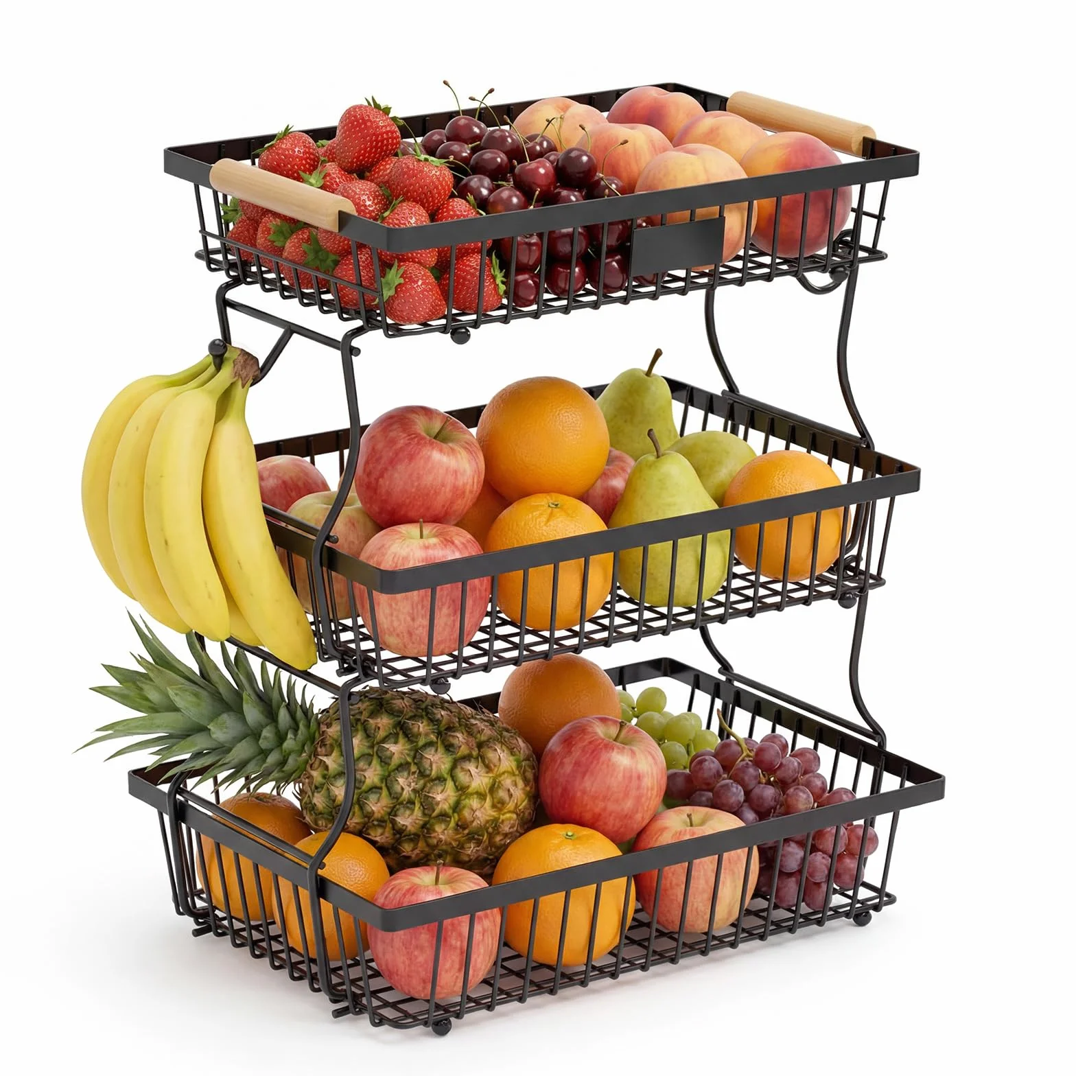 Fruteros De Cocina Frutero 3 Pisos con 2 Soportes para Plátanos, Cesta para Almacenar Frutas, Cebollas, Patatas, Pan, Aperitivos y Verduras (Negro)