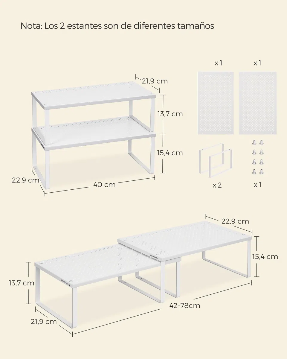 SONGMICS Especiero, Estante para Especias, Organizador para Armarios, para Mostradores, Elevador de Estantes, Apilable, Ampliable, Juego de 2 Estantes Metálicos para Cocina, Blanco KCS401W01