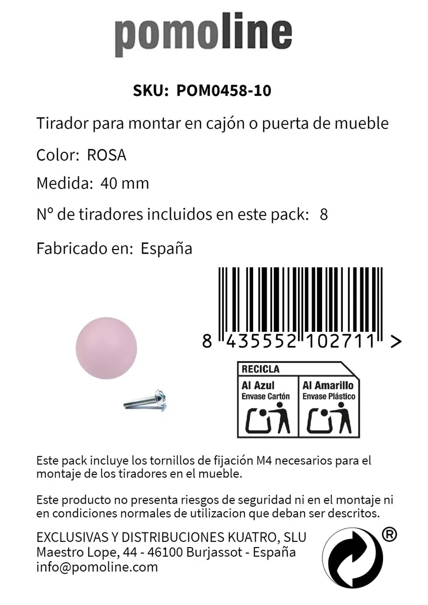 8 Un. TIRADOR Pomo Mueble BEBÉ bola madera lacada lacado rosa - Diámetro 40MM