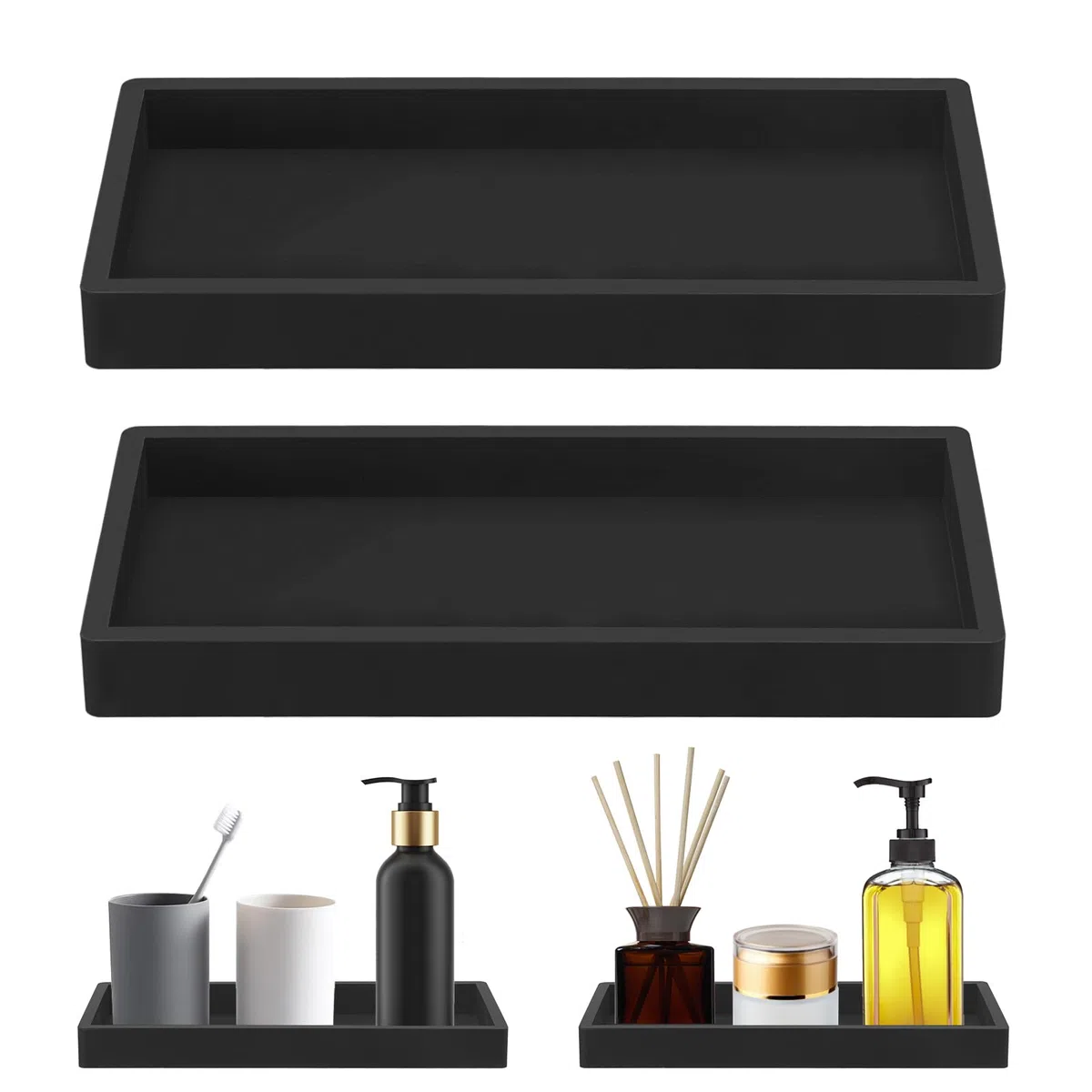 2PCS Bandeja baño，Bandeja Negra，bandejas Decorativas， Adecuado para Cocina, baño, Sala de Estar, etc. Silicona, 20x10cm.