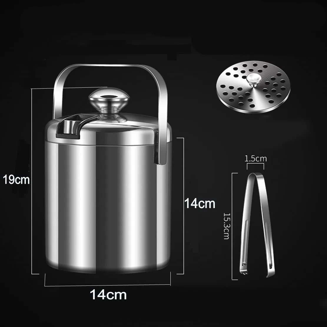 JZK Cubo de hielo de doble pared de acero inoxidable 1.3L 304 con con pinza y tapa, cubiteras cerveza portátil con mango para picnic, hielera, enfriador de vino al aire libre, contenedor cubo hielo