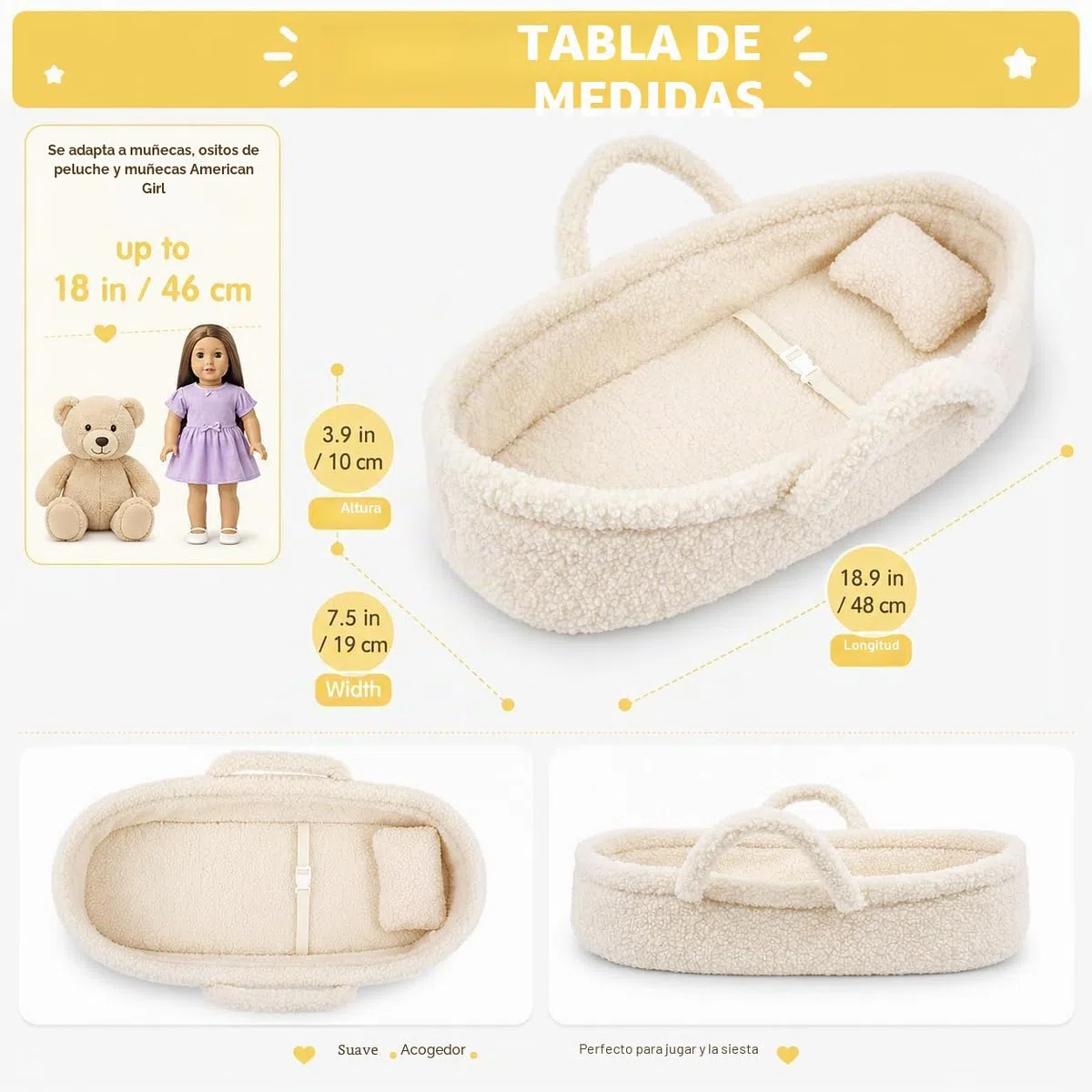 Cozy Dream Moisés para Muñeca - Portador Portátil para Muñeca de Bebé - Se Adapta a Muñecas American Girl u Osos de Peluche de hasta 18"(46cm) - Blanco