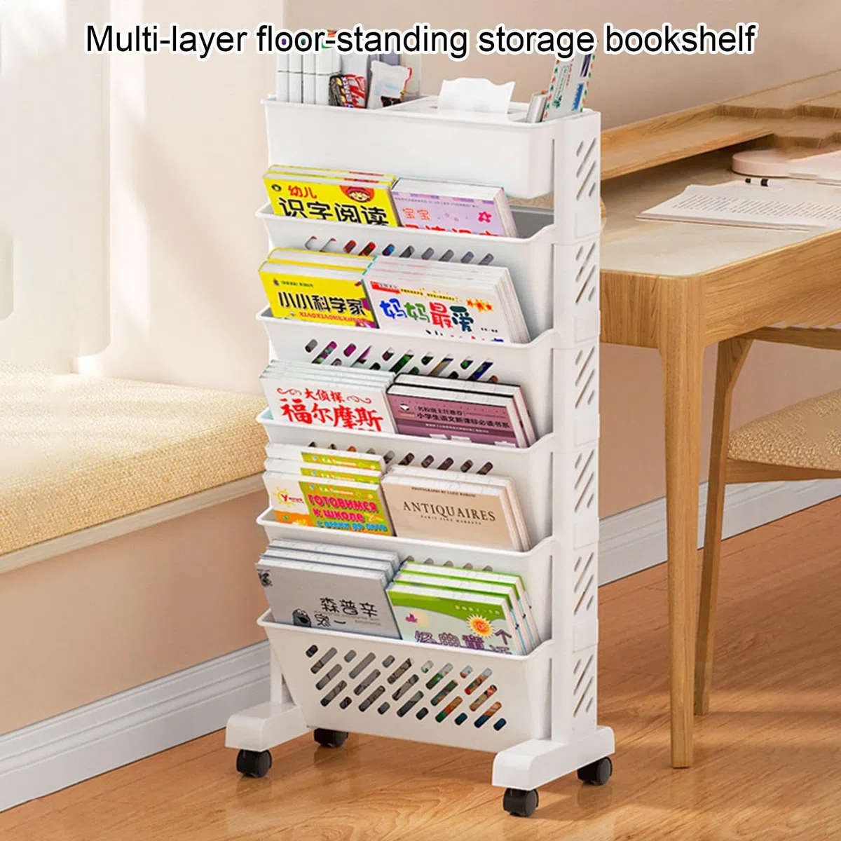 Genérico Carros con Ruedas De Almacenamiento 5+1 ‌Soporte para Libros De Mesa, Organizador Colgante para Escritorio con Múltiples Compartimentos, Ideal para Espacios De Trabajo Y Zonas De Estudio