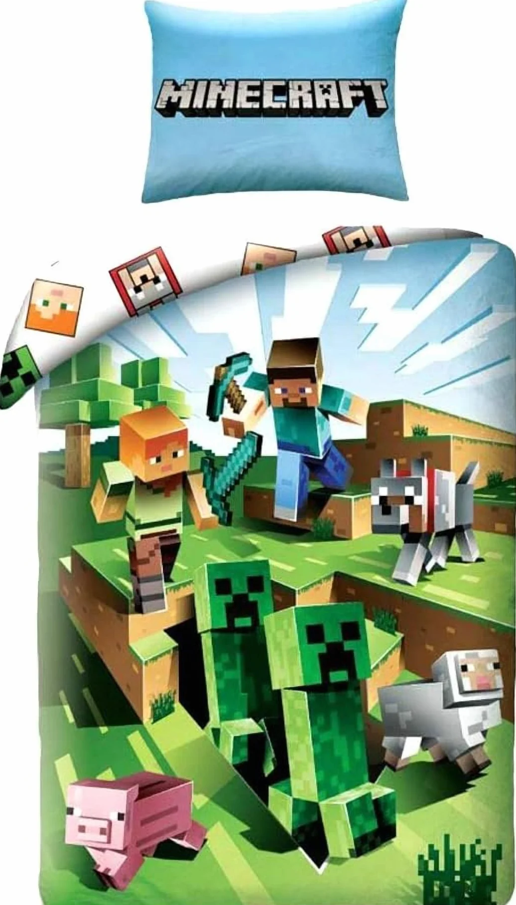Minecraft Cactus Run Funda Nórdica Cama 90 140x200 + Funda Almohada 70x90 | Ropa de cama reversible | Algodón natural transpirable | Licencia Minecraft | Niños | Regalo | Lavable a máquina