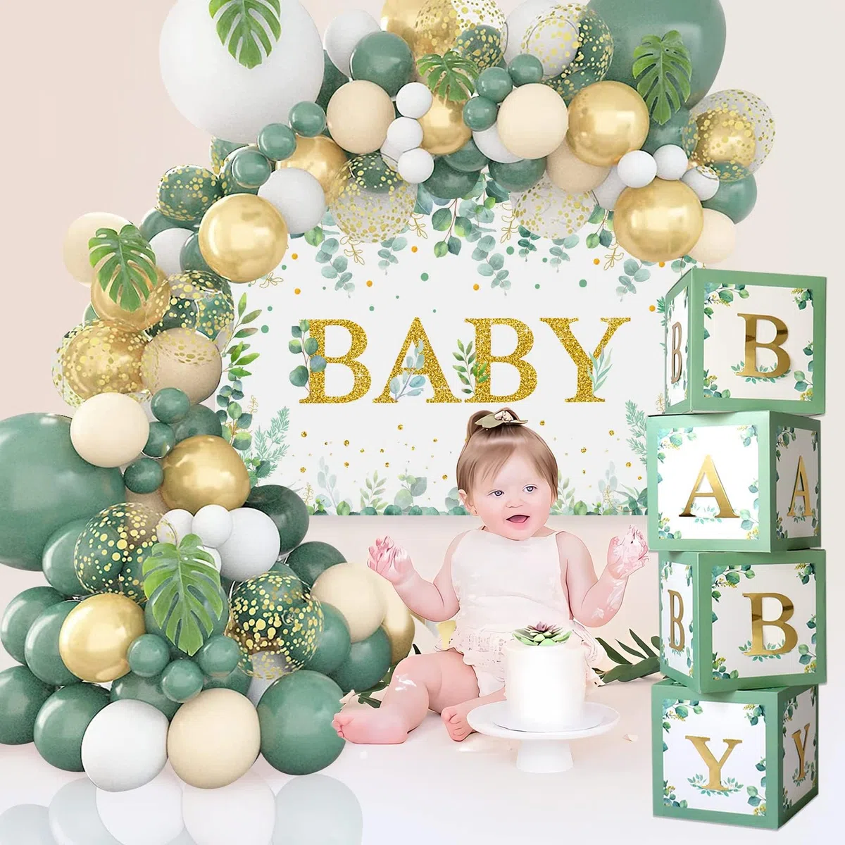 125pcs Decoración Baby Shower Verde Salvia, Cajas Bebé Verde Salvia con Globos Oro Verde y Telón de Fondo de Bebé Verde para Baby Shower Niño y Niña, Fiesta Safari Cumpleaños, Revelación de Género