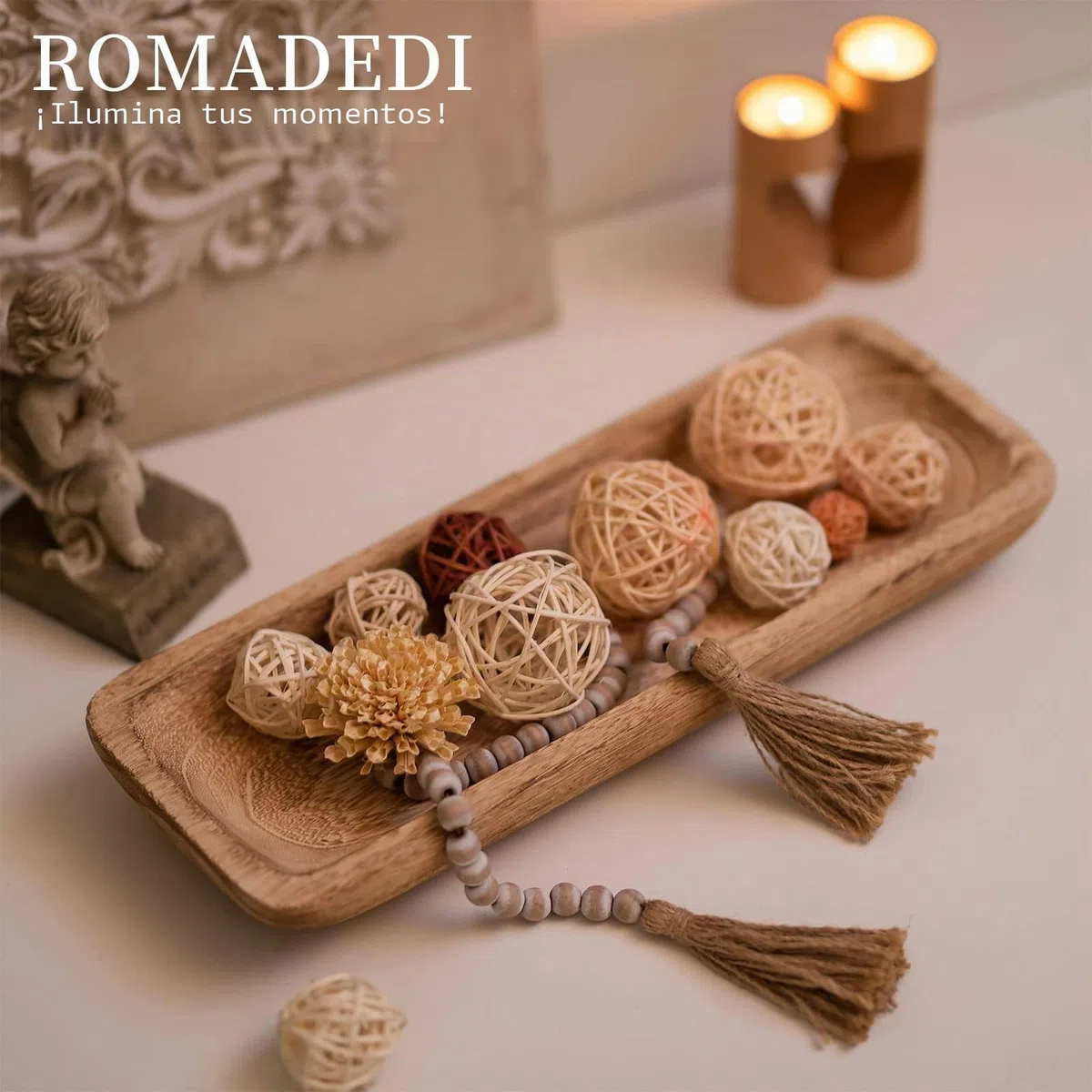 Romadedi Bandeja decorativa de madera, bandeja decorativa alargada, bandeja para llaves, bandeja de madera, rectangular, decoración de mesa, mesa de comedor, salón, artículo decorativo, cuenco para