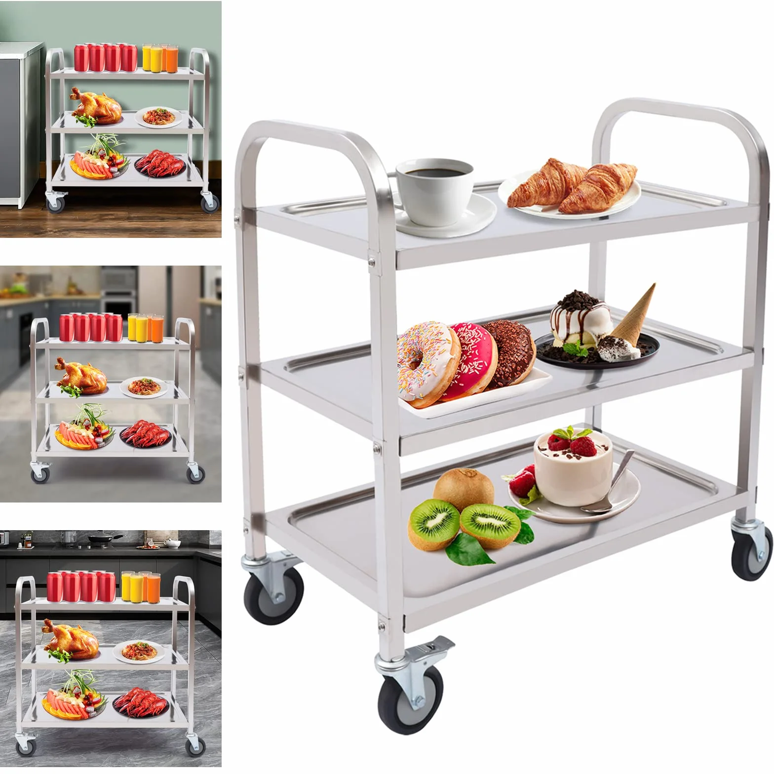Carro de servicio de acero inoxidable para cocina, con ruedas y partición de 3 estantes, rueda silenciosa, 75 x 40 x 83,5 cm