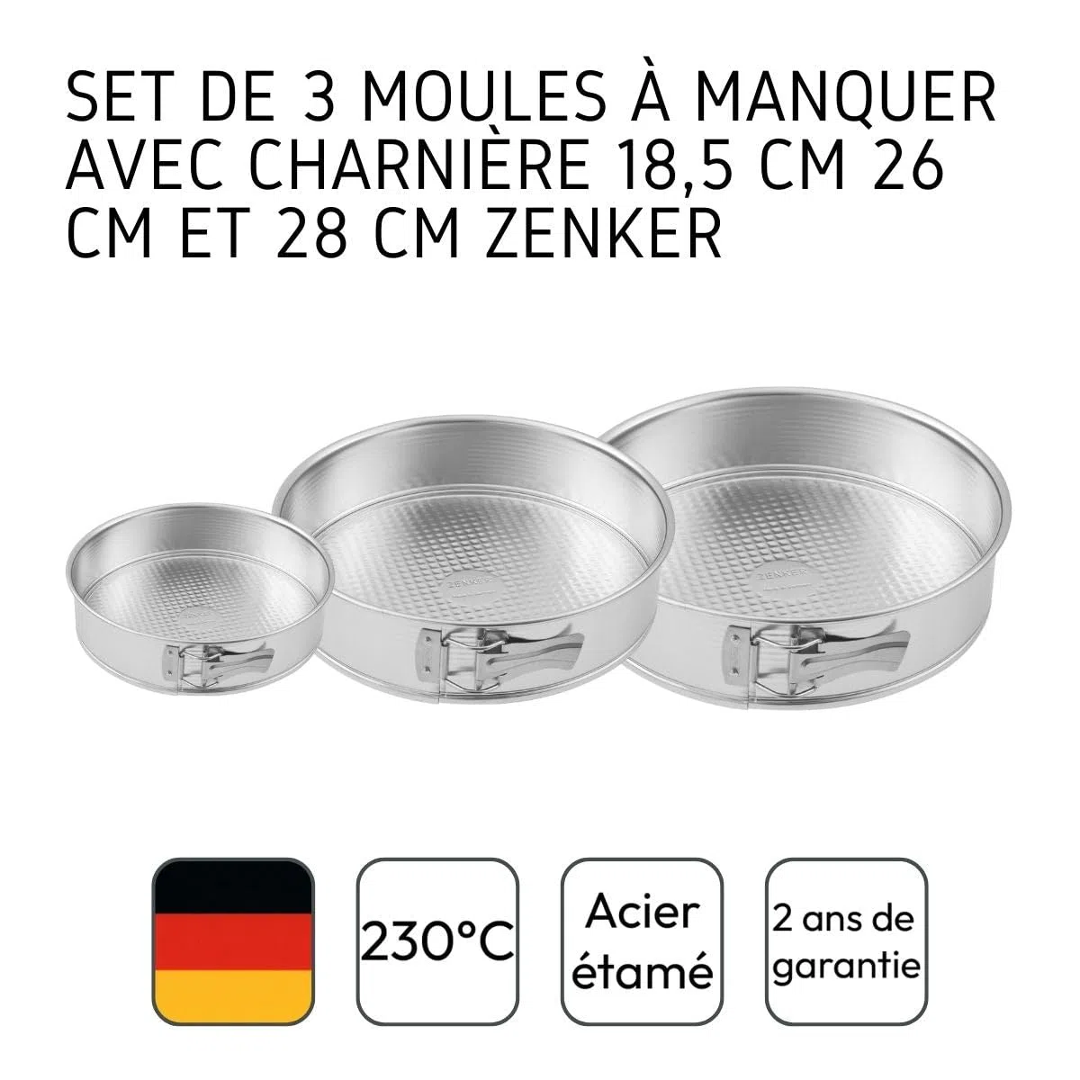Zenker 9992155 Set de 3 moldes para tartas con bisagras de acero galvanizado, Molde para pastel redondo de hierro blanco, Plateado, Acero galvanizado, Diámetros de 18,5 cm + 26 cm + 28 cm