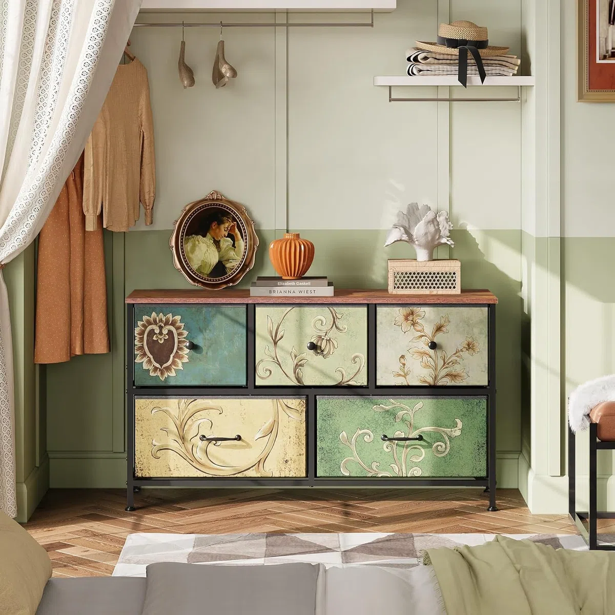 Cómoda para Dormitorio Adulto, Cómoda de 5 Cajones Chifonier Mueble de Almacenaje Tocador Bohemio Mueble con Cajones, Mueble de Salón Almacenaje, Mueble de Pasillo (5 cajones)