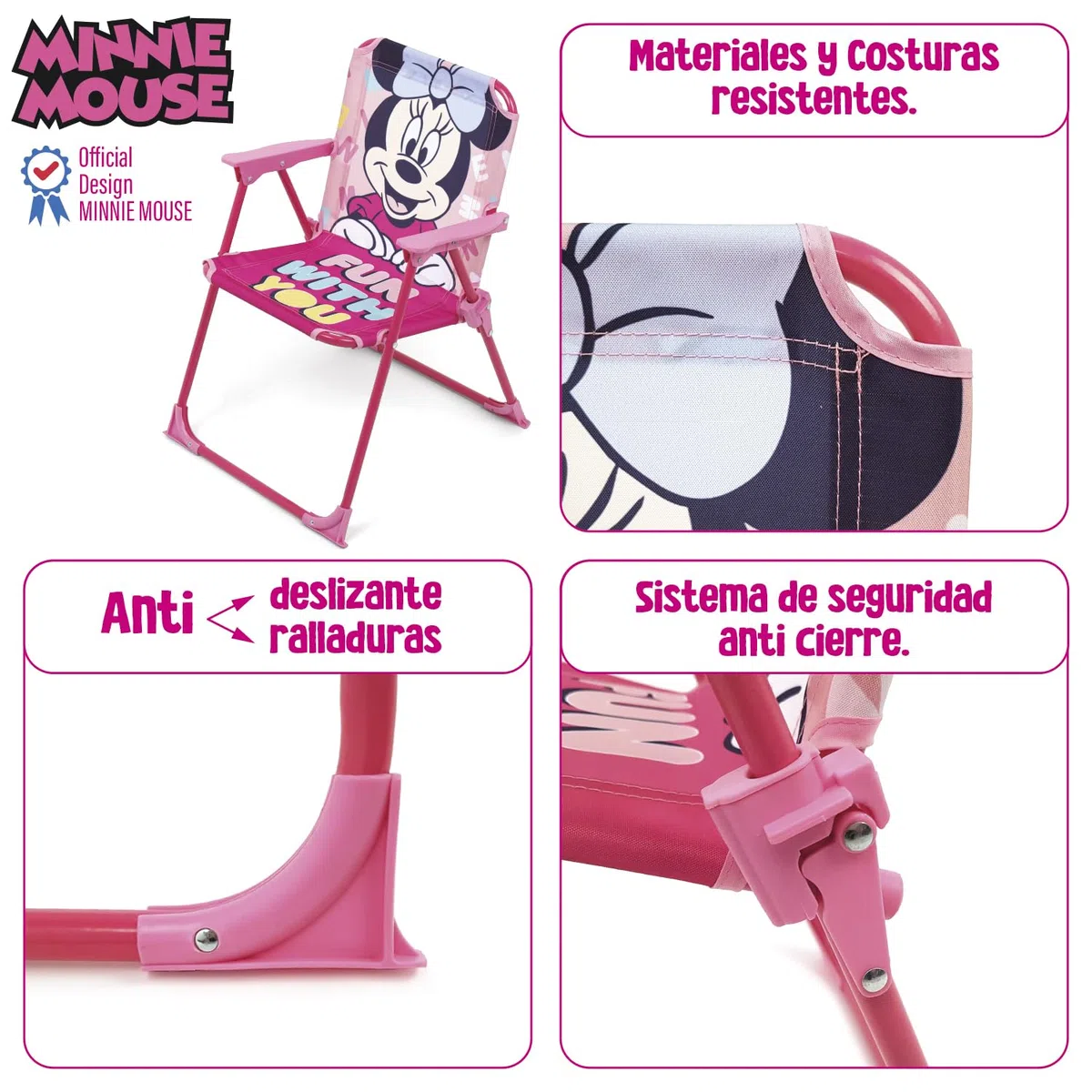 ARDITEX Silla Plegable Infantil Minnie Mouse, Silla Exterior 38 x 32 x 53cm Rosa