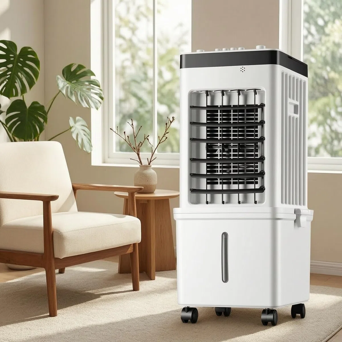 Ventilador de Refrigeración para Hogar Portátil de Aire Climatizador Ventilador de Torre con Depósito de Agua y Ruedas Giratorias Adecuado para Salón Dormitorio Oficina
