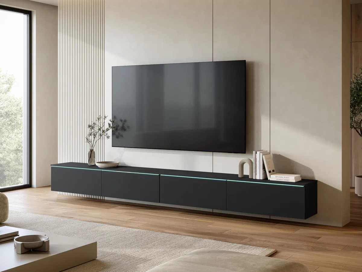 Mueble TV Salon de 4 Puertas con LED - Largo de 300 cm - Mueble Television en Estilo Moderno - Mesa TV para Salón, Comedor, Dormitorio - Mesa de Televisión Salón