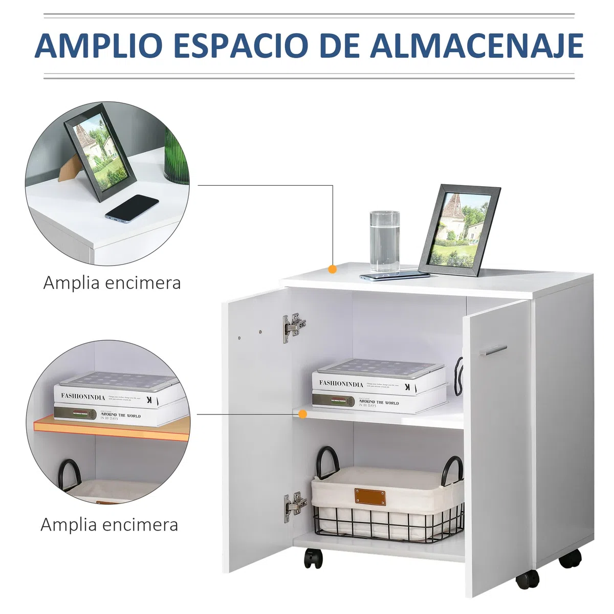 HOMCOM Mesa Armario Movil Mueble TV con Ruedas y 2 Puertas 60x35x65cm | de Madera, Consola Cajonera