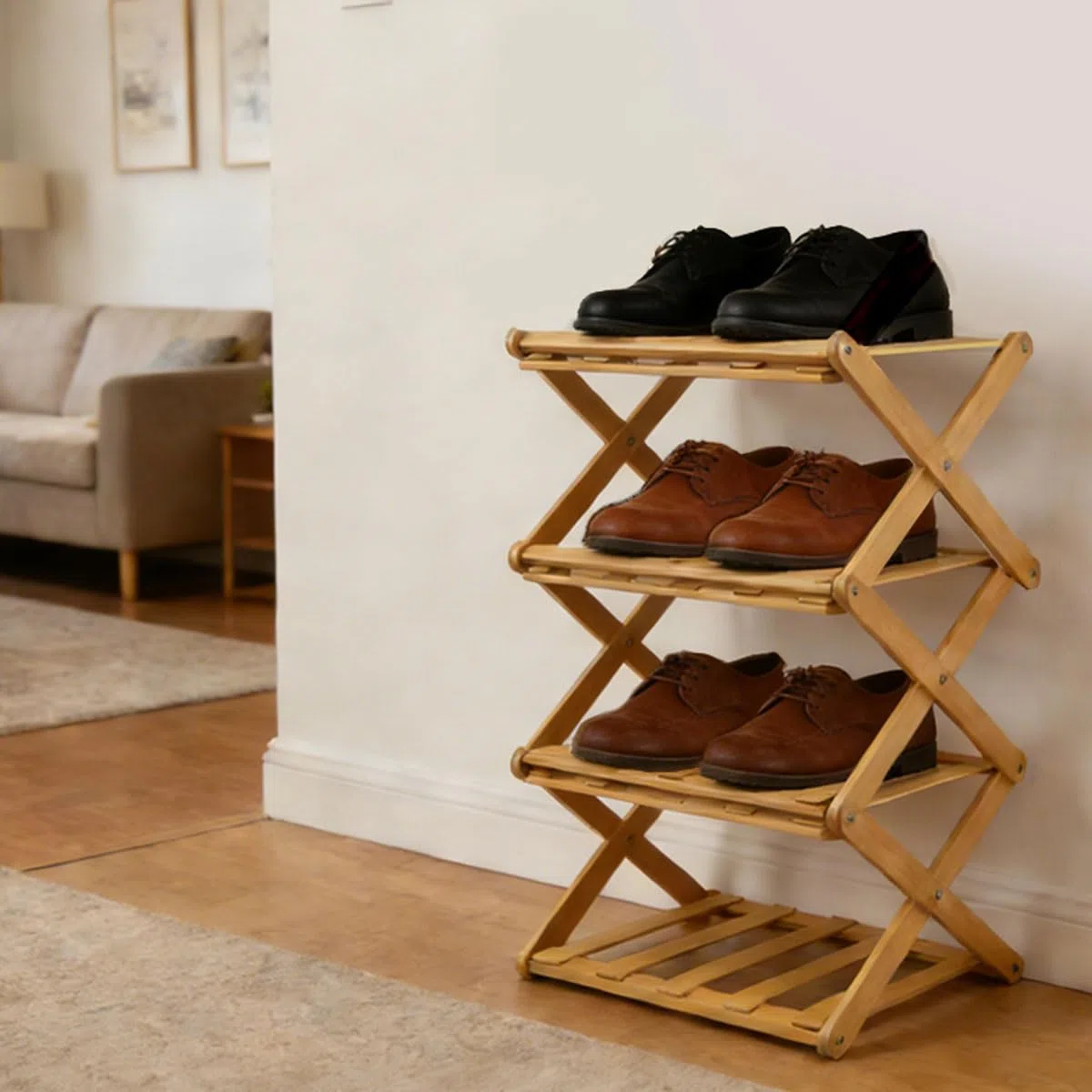 Estantería para zapatos verticales de 4 niveles, almacenamiento de zapatos plegable, ahorro de espacio, organizador de zapatos telescópicos, soporte para zapatos de madera, 30 x 26 x 9 cm