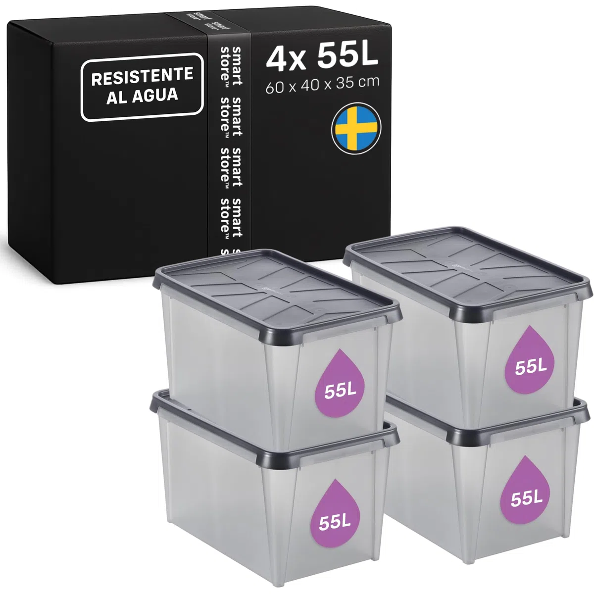 SmartStore Caja Almacenaje con Tapa 55 L I Pack 4 Cajas Apilables I 60 x 40 x 35 cm I Impermeable, Antipolvo I Garaje, Trastero, Sótano I Apta Alimentos I Made in Sweden 10 Años