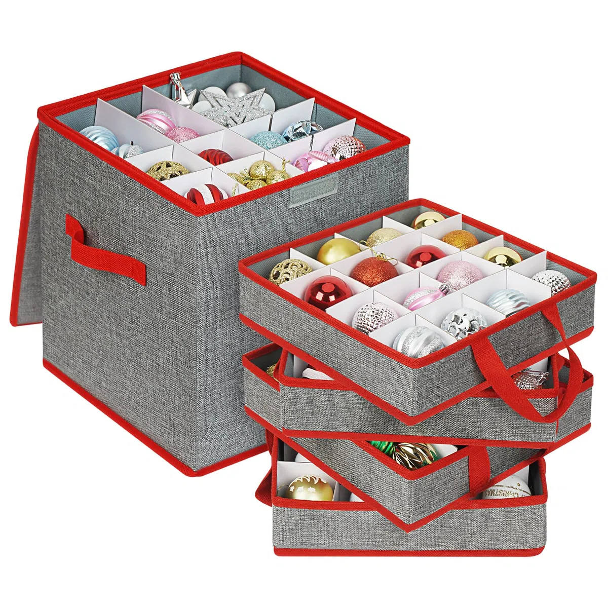Caja de almacenamiento de adornos de Navidad con 4 bandejas, caja de almacenamiento de Navidad con divisores con capacidad para hasta 64 bolas de adornos navideños, material Oxford 600D