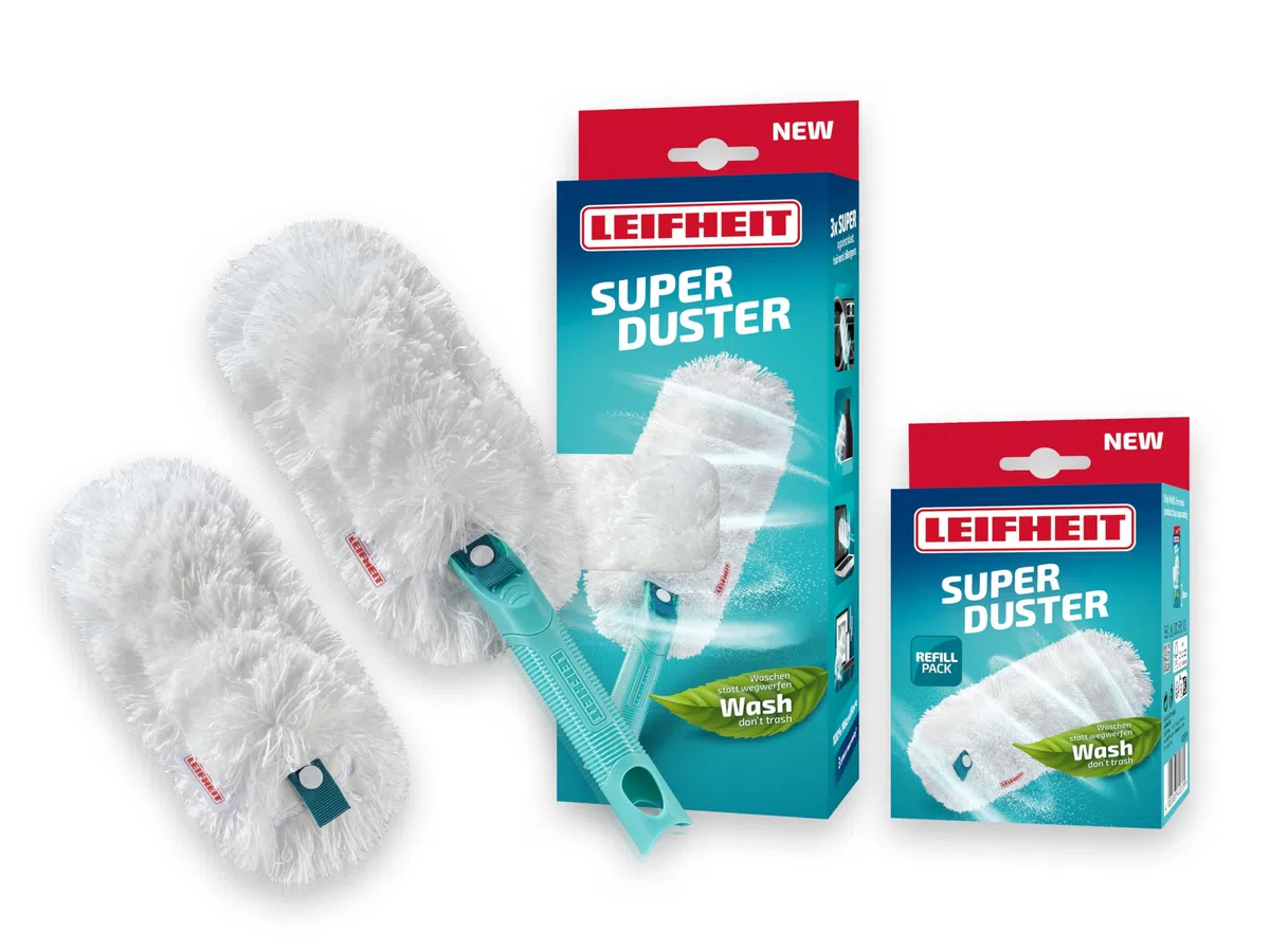 Leifheit SUPERDUSTER con Funda de Repuesto, Plumero Largo Extensible, Lavable a 40º, Tejido de Microfibra, Compatible con el Click System de Leifheit, Lavar no Tirar