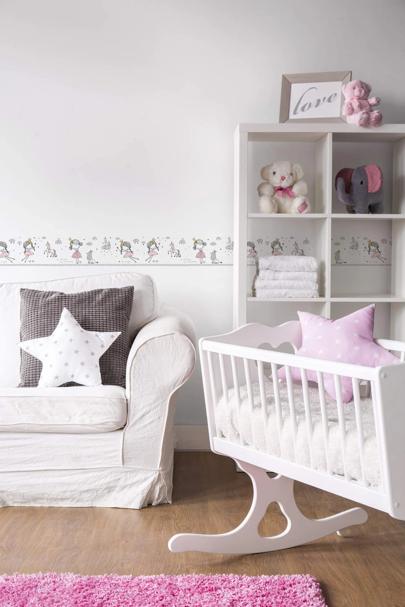 Lovely Kids Cenefas Adhesivas Para Los Niños Magic Princess 5.00 m x 0.155 m Rosa Gris Blanco Fabricado en Alemania de A.S. Création 403755