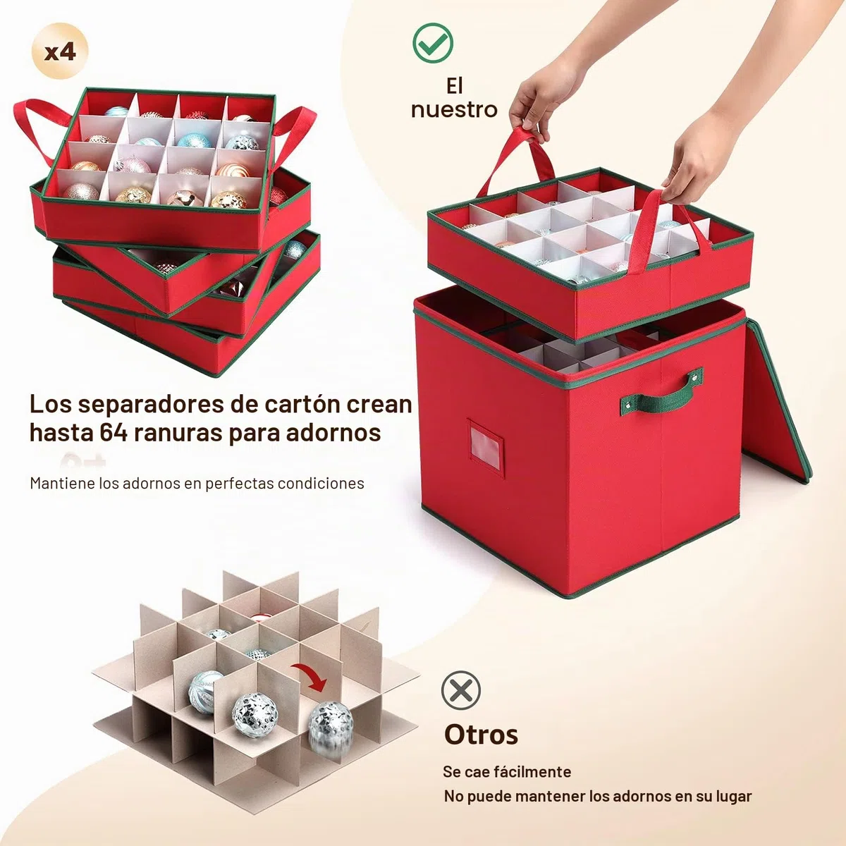MaidMAX Caja de Almacenamiento de Bolas de Navidad, Bolsa de Almacenamiento para Decoraciones de árbol de Navidad, 4 Niveles Extraíbles con Asas, 64 Bolsas de Caja de Bolas, 32x32,5x33cm