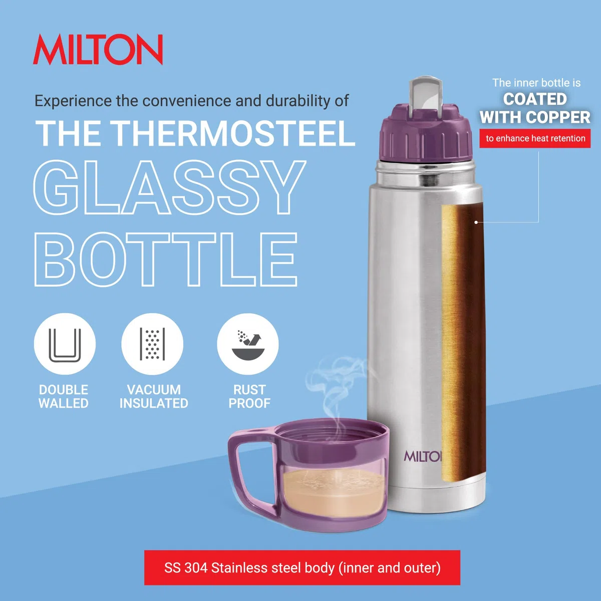 MILTON Botella de agua fría y caliente Glassy 1000 Termoacero 24 horas con tapa para taza | A prueba de fugas | Botella de oficina | Botella de gimnasio | Inicio | Cocina (Púrpura, 1000 ml | 34 oz) | Milton Flask - Botella de agua aislada de 1 litro con t