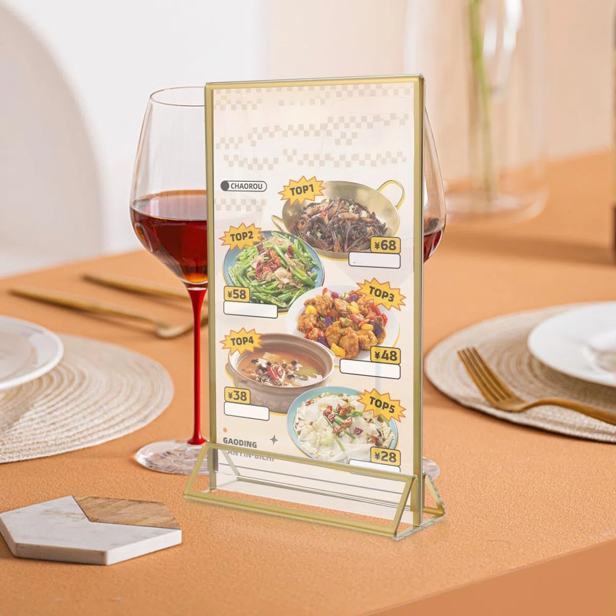 Porta Menú Acrílico Dorado de Doble Cara 6 Piezas para Mesa | Expositor de Carteles, para Centros Comerciales y Supermercados, Fácil de Llevar y Guardar