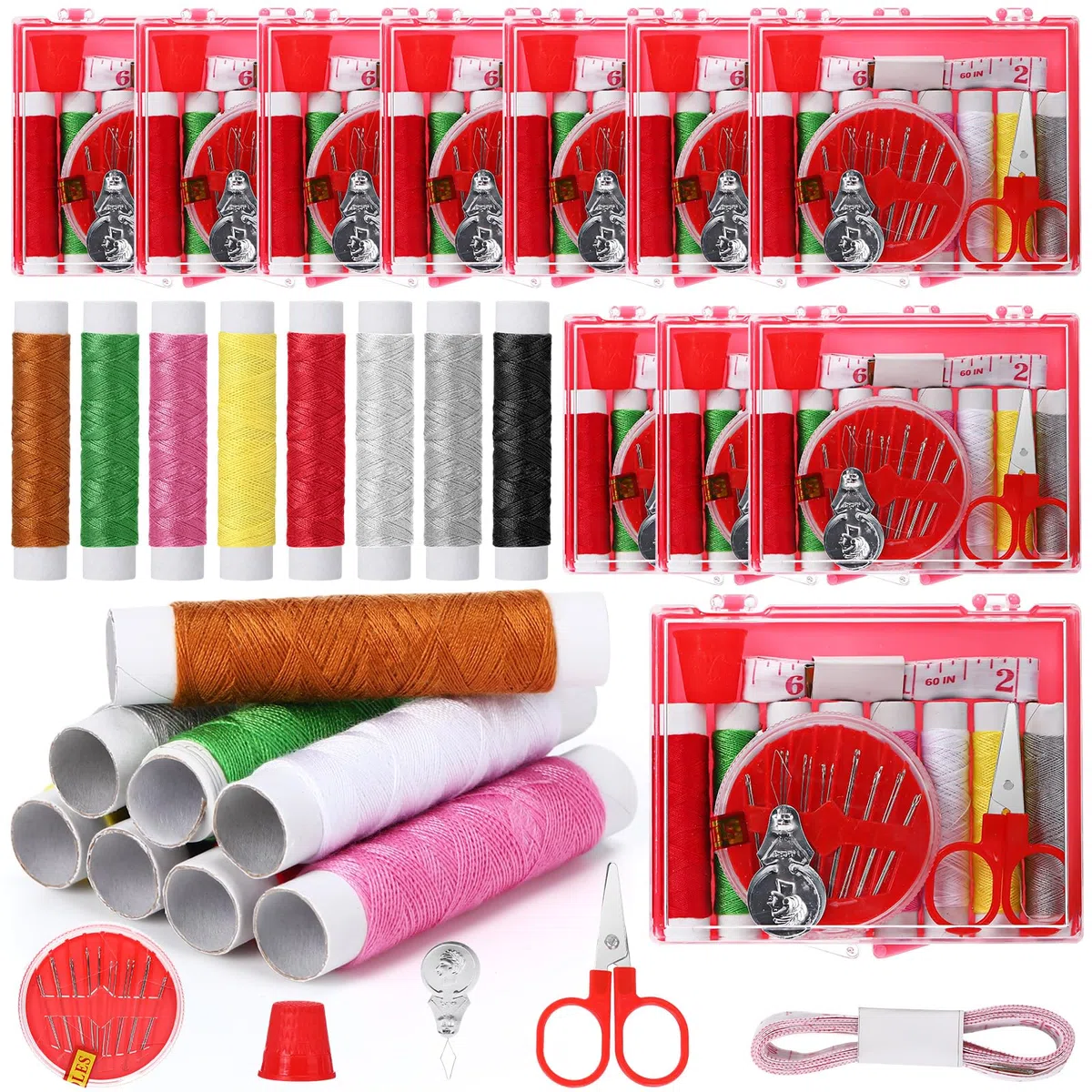 Knitgrip Paquete de 24 unidades de 12 kits de costura a granel, mini kit de costura de emergencia, caja de almacenamiento con hilos, tijeras y agujas para principiantes en casa