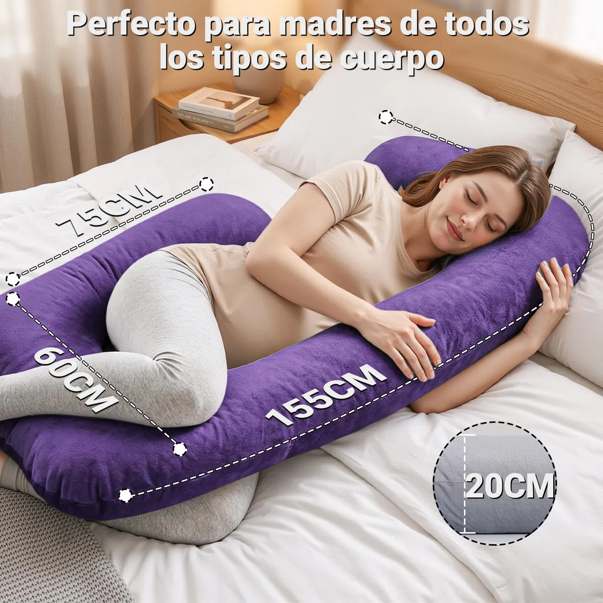 COSYLAND Almohada para Embarazadas, Cojín de Embarazo en J con Soporte Integral, Funda Desmontable y Lavable, Útil para Descanso, Dormir, Lactancia y Relajar Las Piernas, 155 x 60 x 20 cm