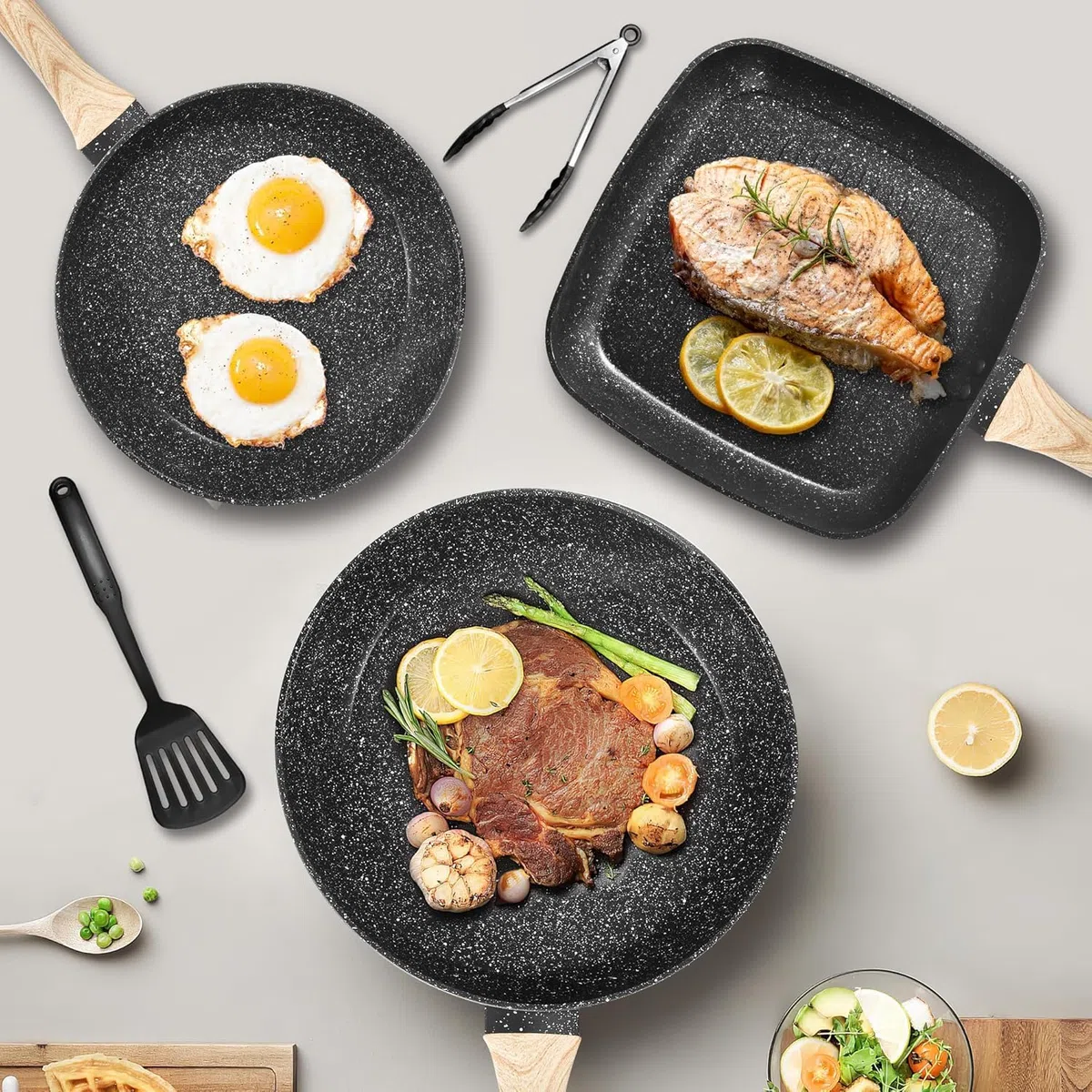 Batería de Cocina Antiadherente de 19 Piezas, Juego de Ollas y Sartenes de Inducción en Granito Negro, No Tóxico, Apta para Todas las Cocinas, Sin PFOA, PTFE, PFAS ni PFOS