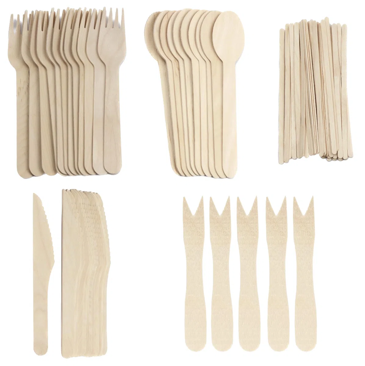 1000 piezas - Juego de cubiertos desechables de madera, cubiertos desechables (200 tenedores, 200 cuchillos, 200 cucharas, 200 mini tenedores y 200 agitadores desechables