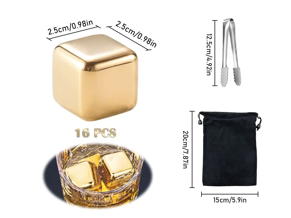 Cubitos de Hielo Acero Inoxidable,16 Piezas Cubitos Hielo Reutilizables Acero Inoxidable Oro,Cubitos de Hielo Reutilizables + Abrazaderas e Bolsa,para Whisky,Vodka,Licor,Vino,Jugo de Bebida
