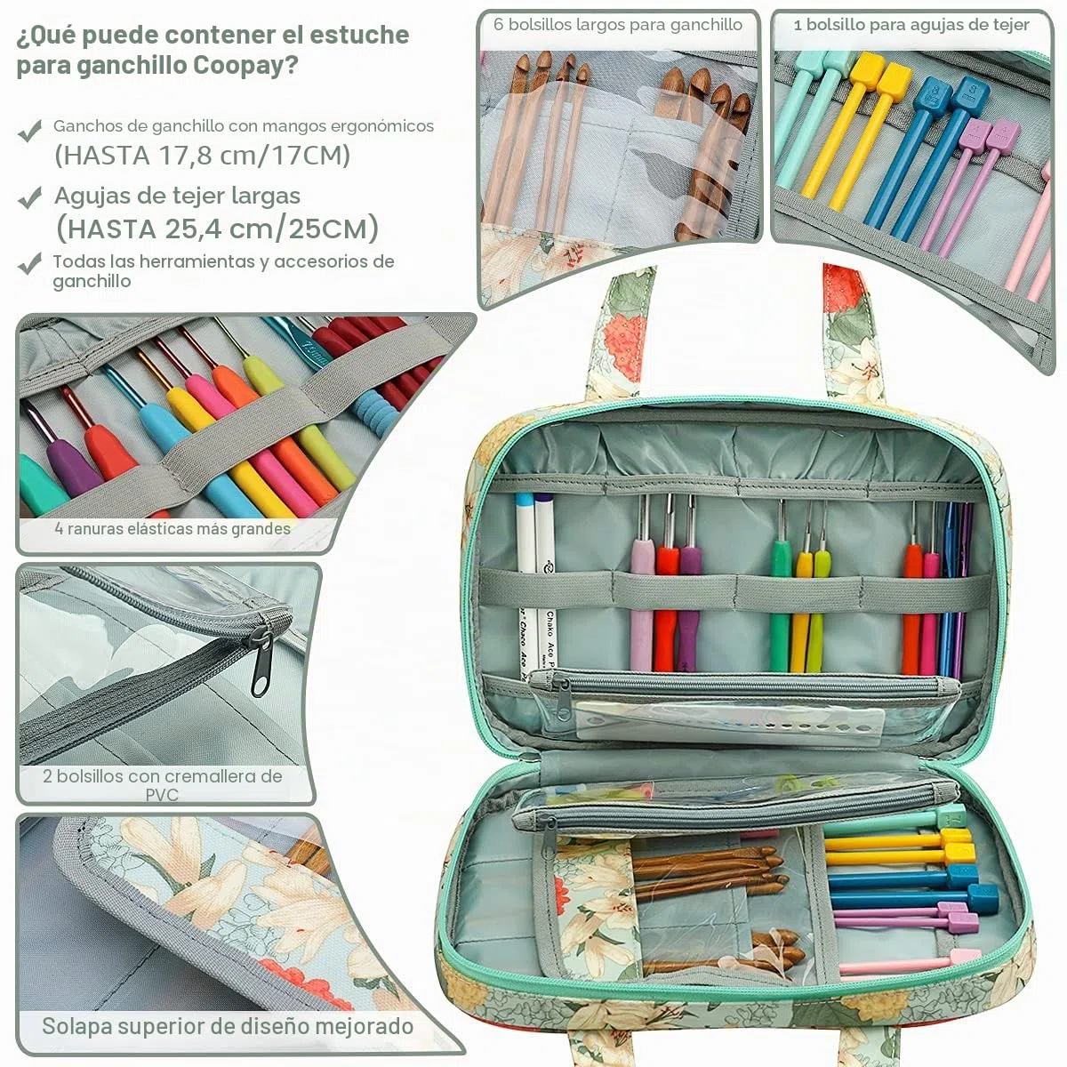 Coopay Organizador de Tejer y Ganchillo, Bolsa de Herramientas de Ganchillo, Bolso de Mano con Bolsillos de con Cremallera, para Agujas Circulares intercambiables,Ganchillo y Otro Accesorios