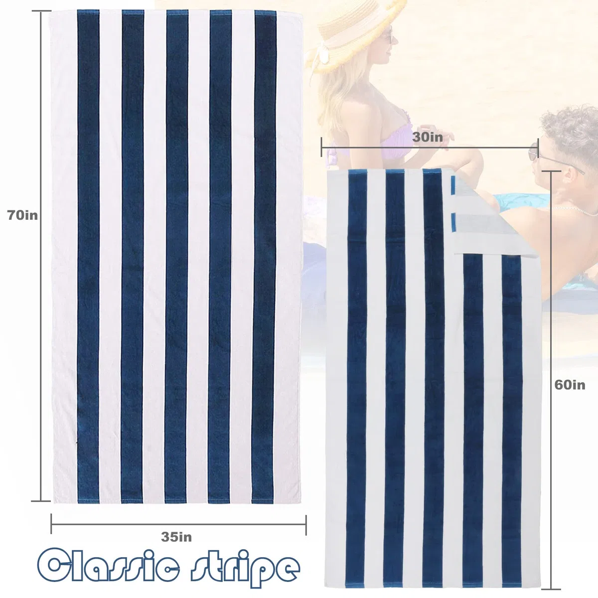 Exclusivo Mezcla Paquete de 2 Toalla de Playa Cabana Rayada, Toalla de Baño 100% Algodón, Absorbente, Suave y Afelpada, para Piscina, Ducha y SPA, 90x180 cm, Azul Marino