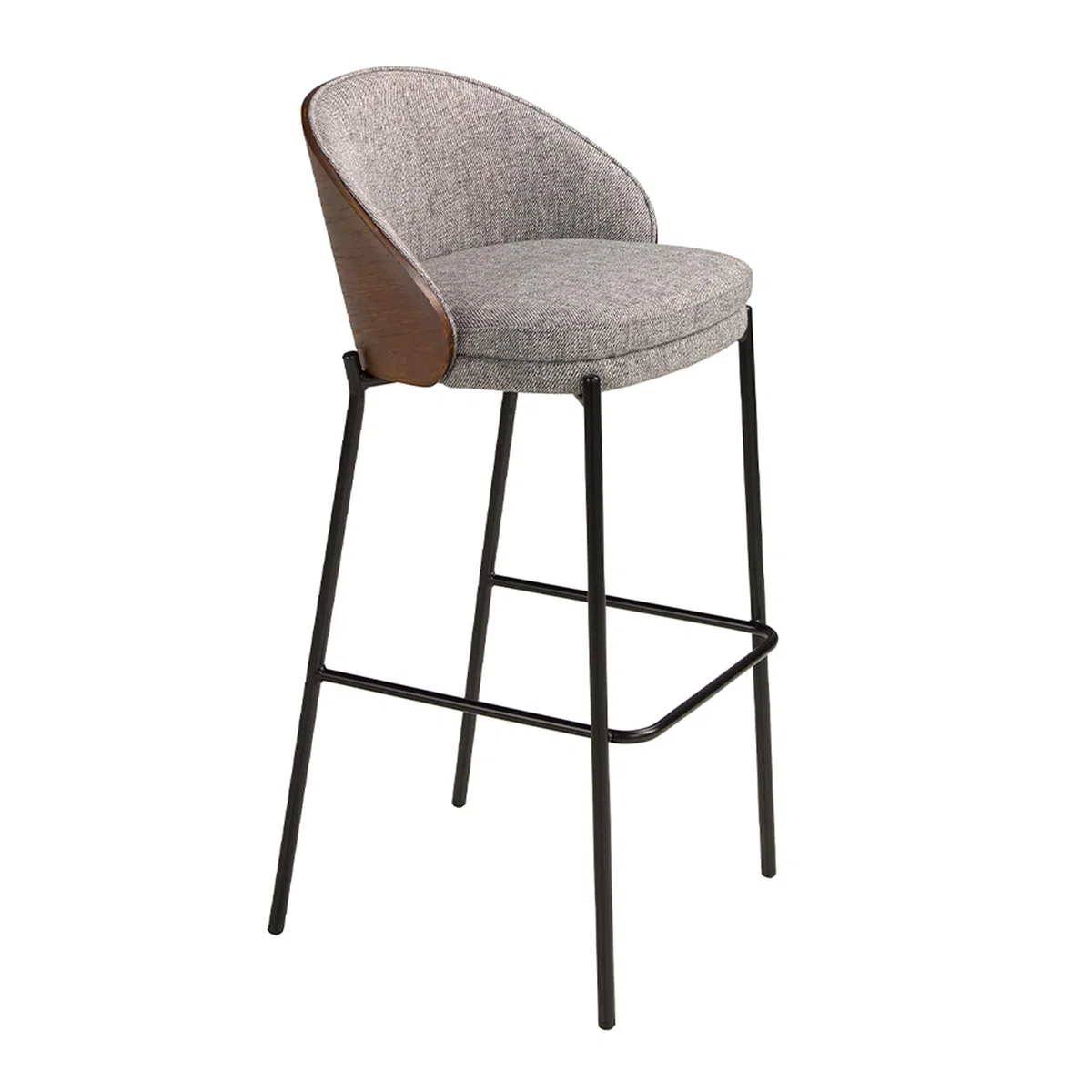 Ángel Cerdá- Taburete Alto Tela Gris y Madera Nogal - Patas de Acero Inoxidable Negro - Diseño Moderno y Elegante - Taburetes Altos de Cocina - Mueble Cocina - Sillas Cocina - 53 x 51 x 98 cm