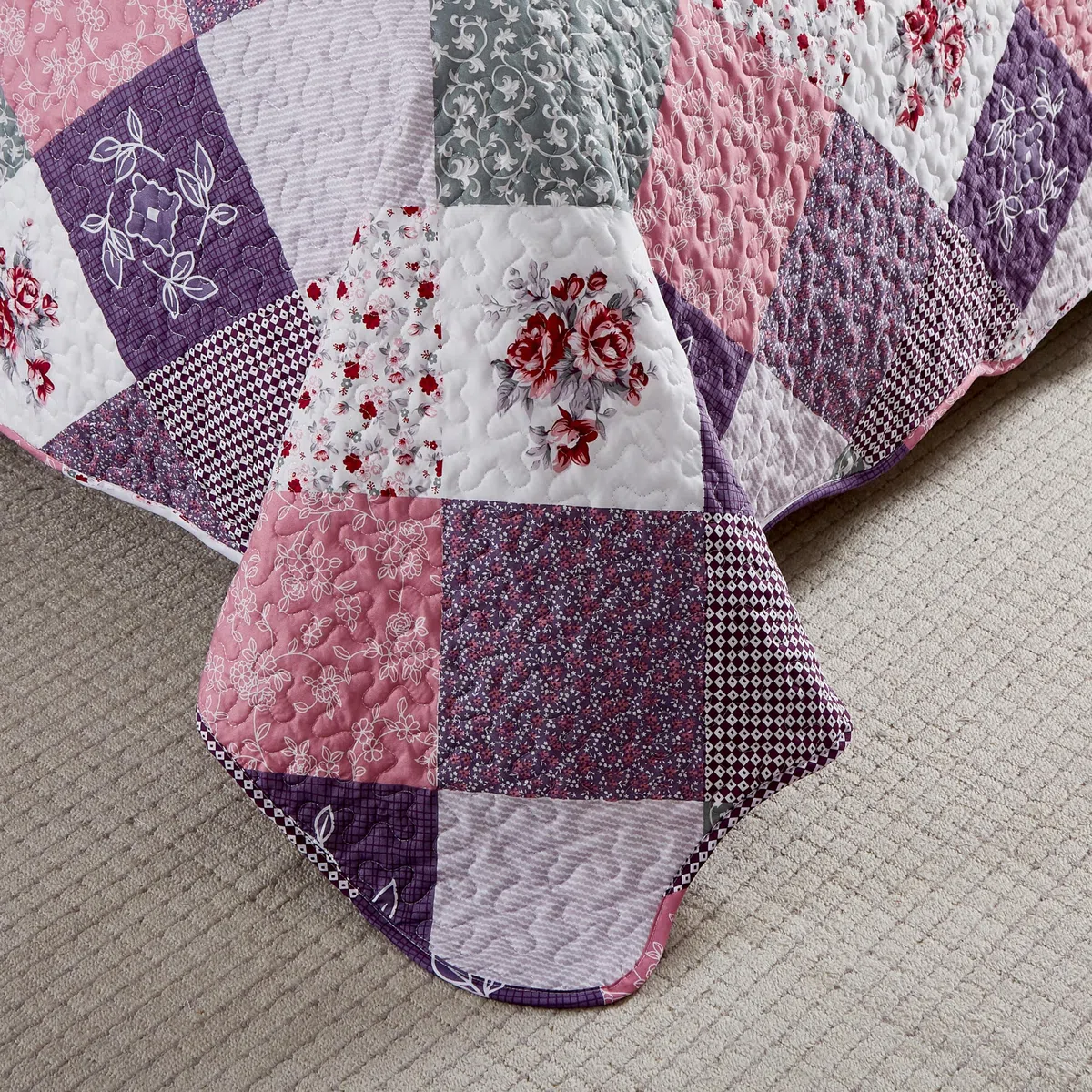 WONGS BEDDING Colcha 240 x 260 cm Manta de Cama de Patchwork Colchas Acolchadas Patrón Floral Edredón de Microfibra Colcha a Cuadros con 2 Fundas de Almohada 50 x 75 cm (Rosa Morado)